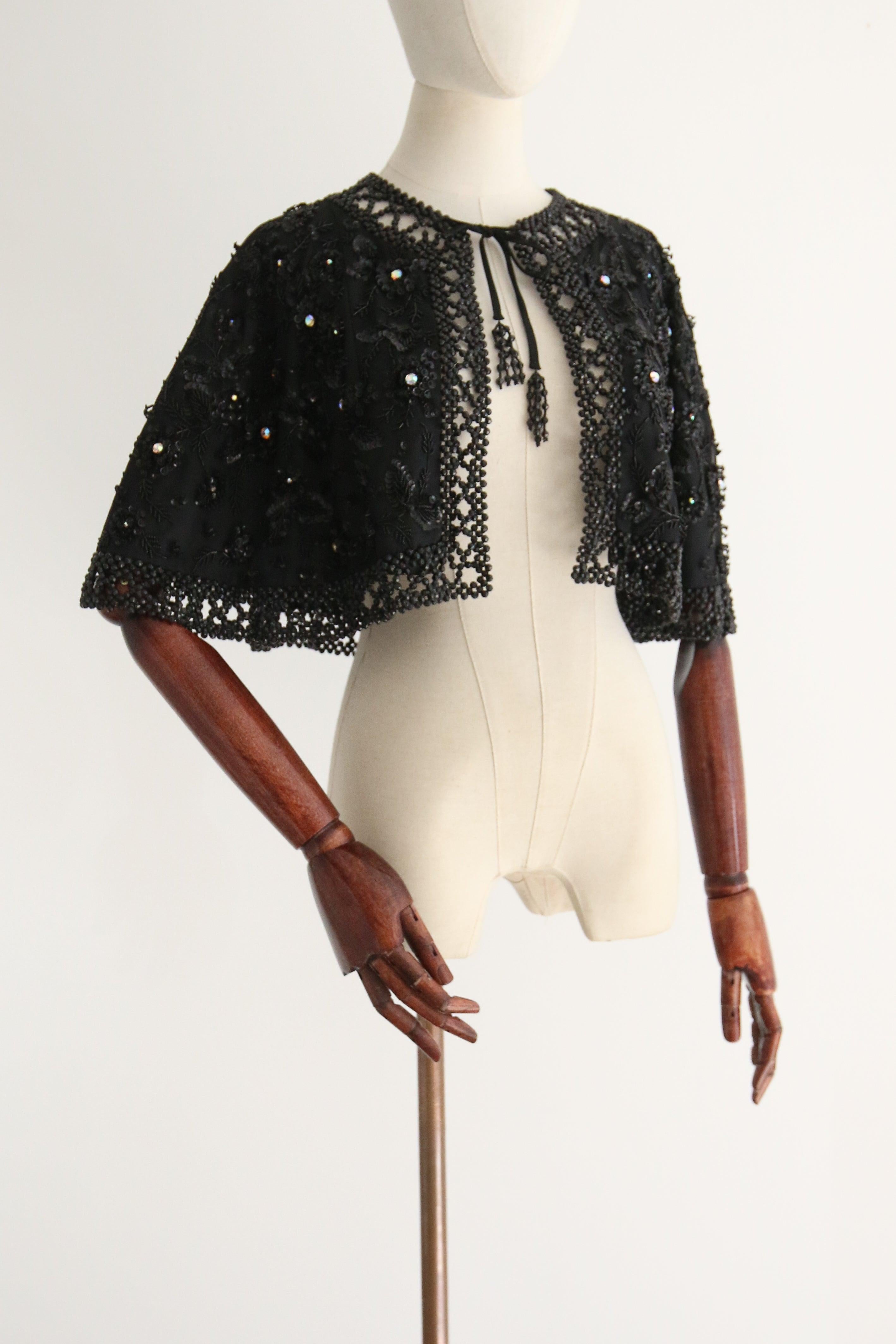 Vintage 1960's Black Beaded and Rhinestone Floral Evening Cape For Sale 3