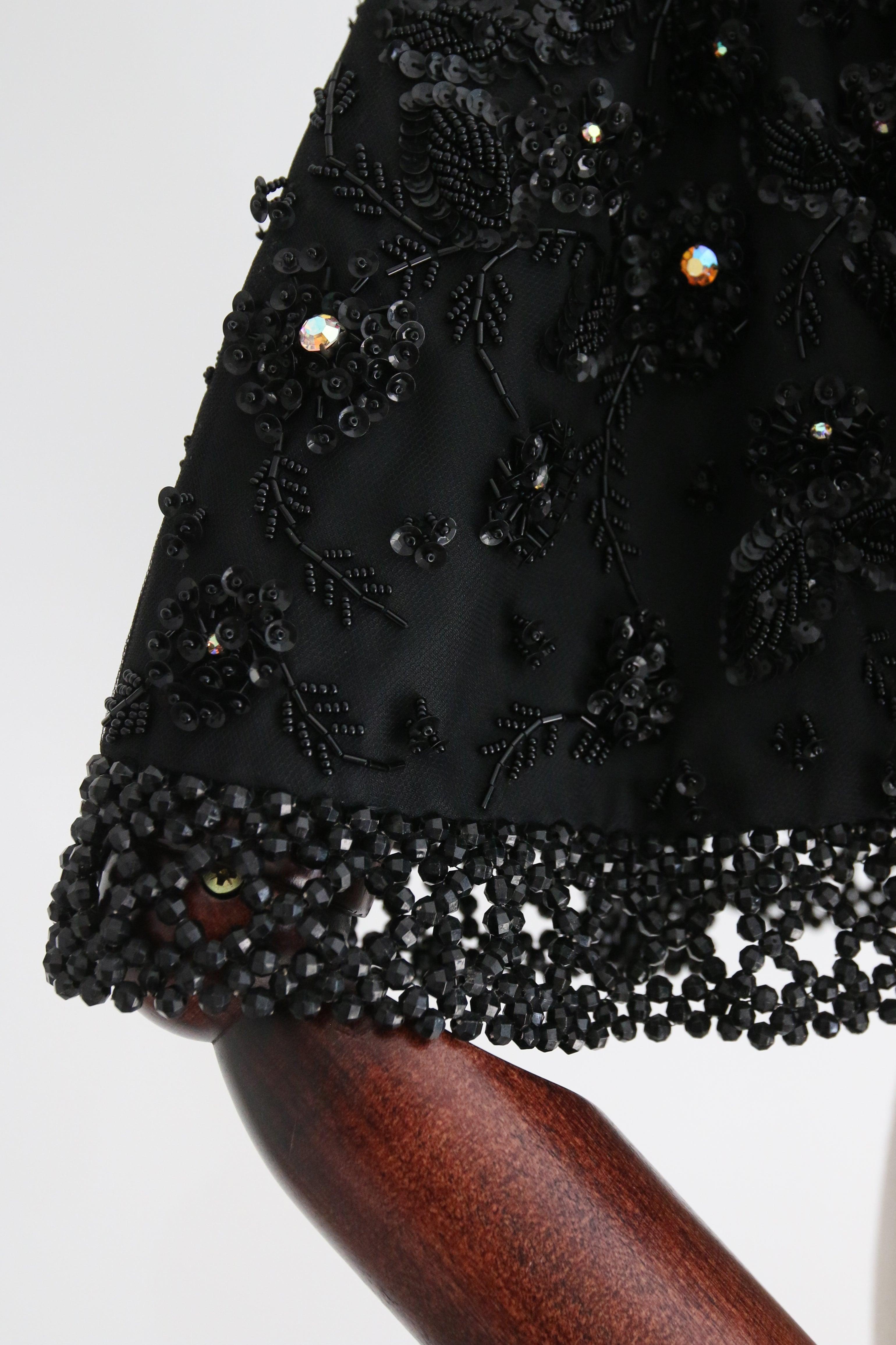 Vintage 1960's Black Beaded and Rhinestone Floral Evening Cape For Sale 4