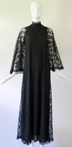 Vintage 1960's Black Lace Angel Sleeve Maxi Dress Sixties Lace Gown UK 10 US 6
