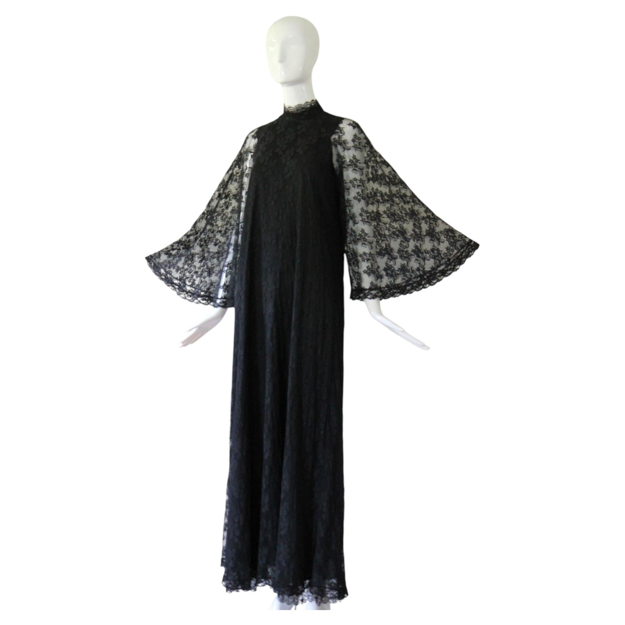 Vintage 1960's Black Lace Angel Sleeve Maxi Dress Sixties Lace Gown UK 10 US 6