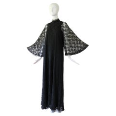 Vintage 1960's Black Lace Angel Sleeve Maxi Dress Sixties Lace Gown UK 10 US 6