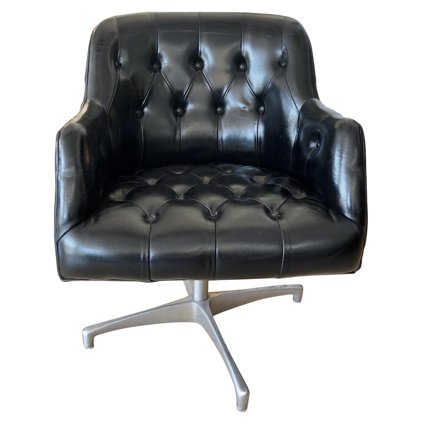 Vintage 1960s Black Leather Swivel Chair by Jens Risom for B.L. Marble Company