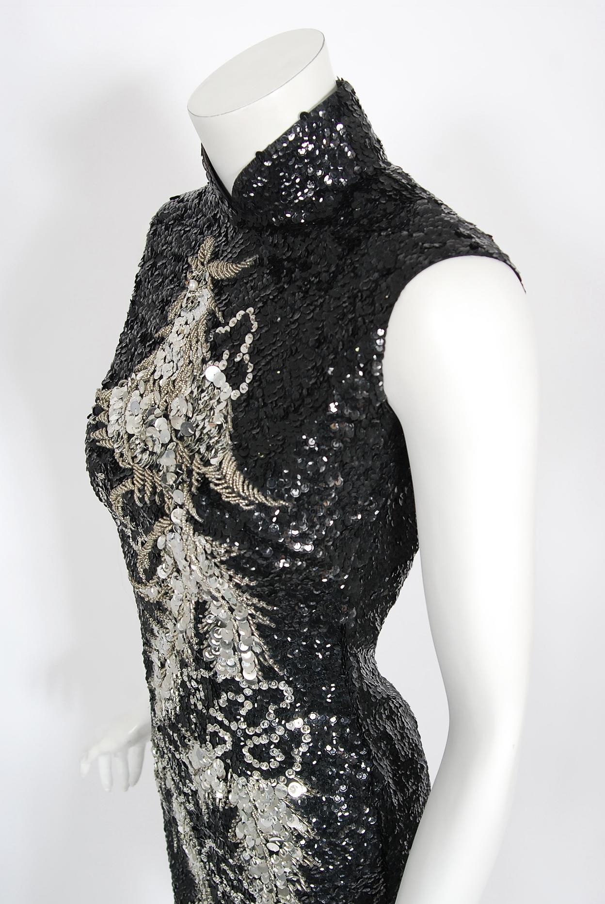 Vintage 1960s Black & Silver Sequin Beaded Phoenix Bird Hourglass Cheongsam Gown 3