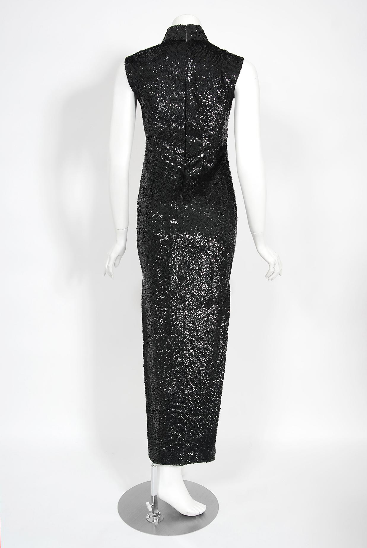 Vintage 1960s Black & Silver Sequin Beaded Phoenix Bird Hourglass Cheongsam Gown 6