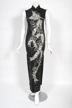 Vintage 1960s Black & Silver Sequin Beaded Phoenix Bird Hourglass Cheongsam Gown