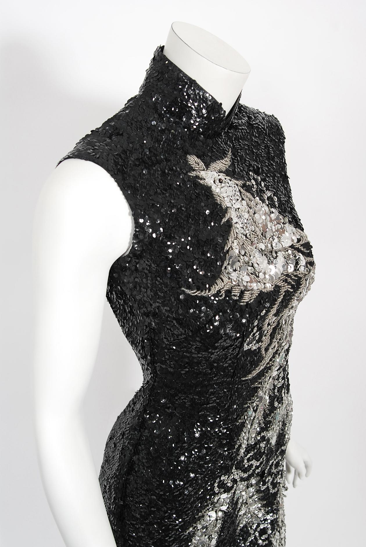 Vintage 1960s Black & Silver Sequin Beaded Phoenix Bird Hourglass Cheongsam Gown In Good Condition In Beverly Hills, CA