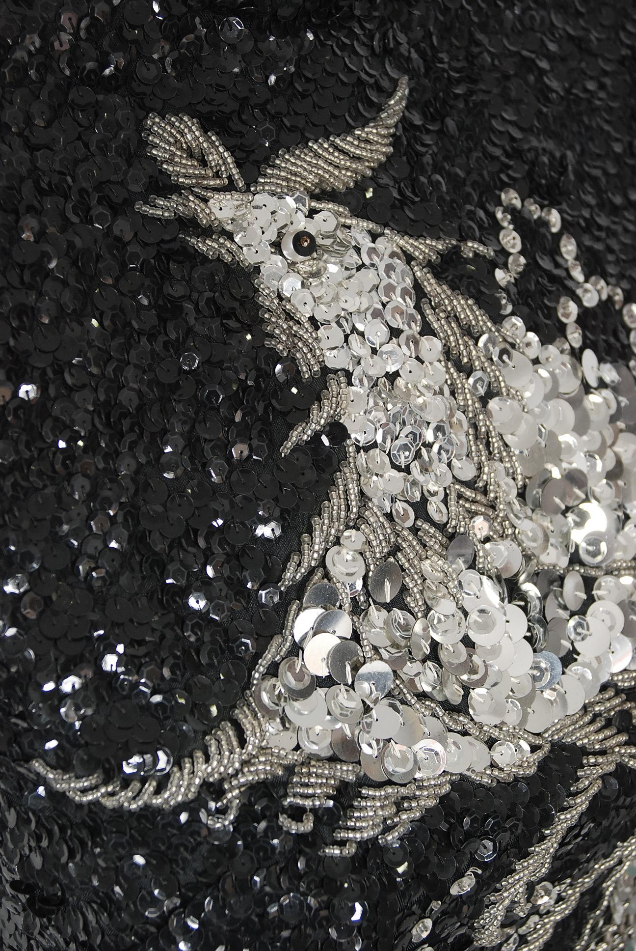 Women's Vintage 1960s Black & Silver Sequin Beaded Phoenix Bird Hourglass Cheongsam Gown