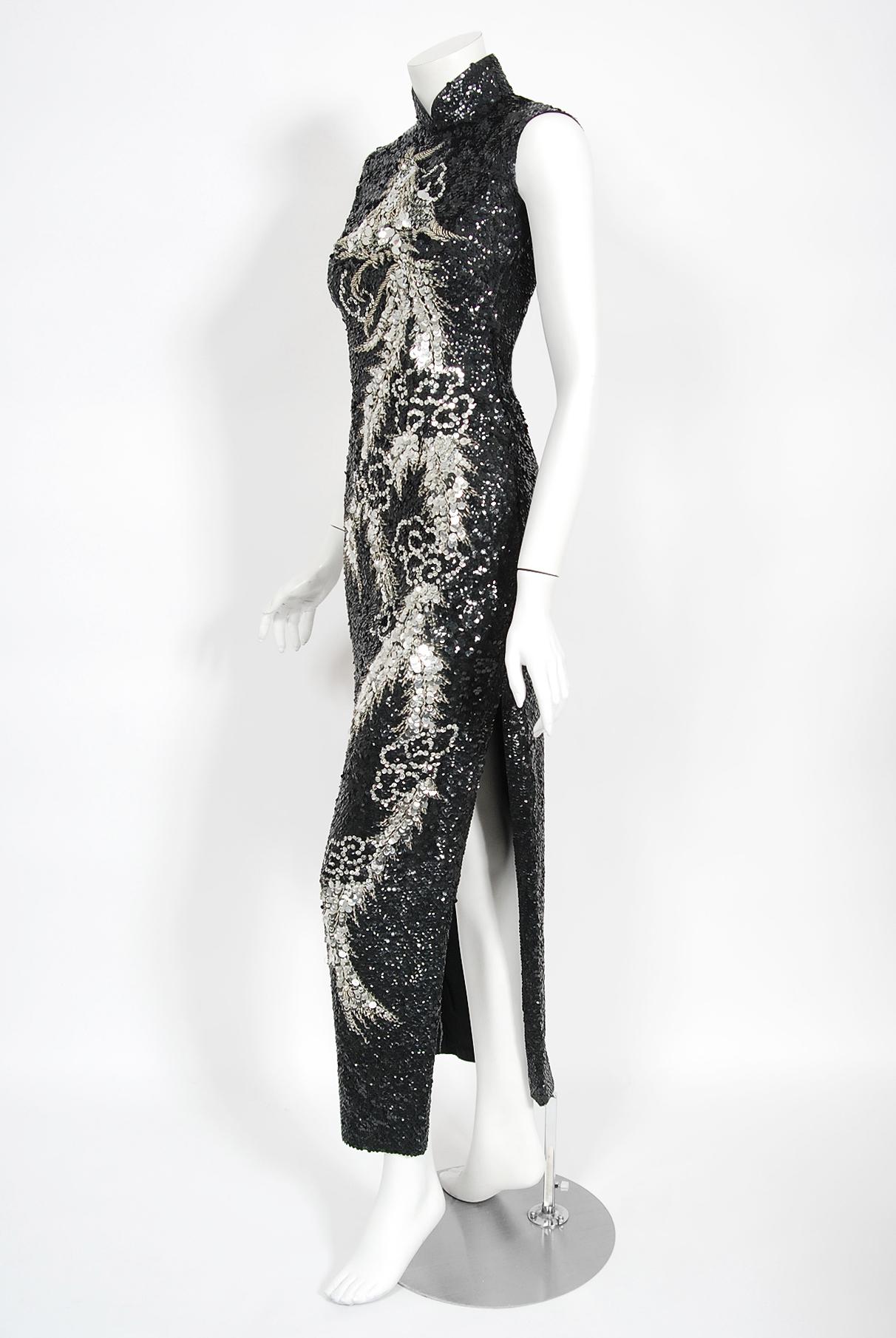 Vintage 1960s Black & Silver Sequin Beaded Phoenix Bird Hourglass Cheongsam Gown 2