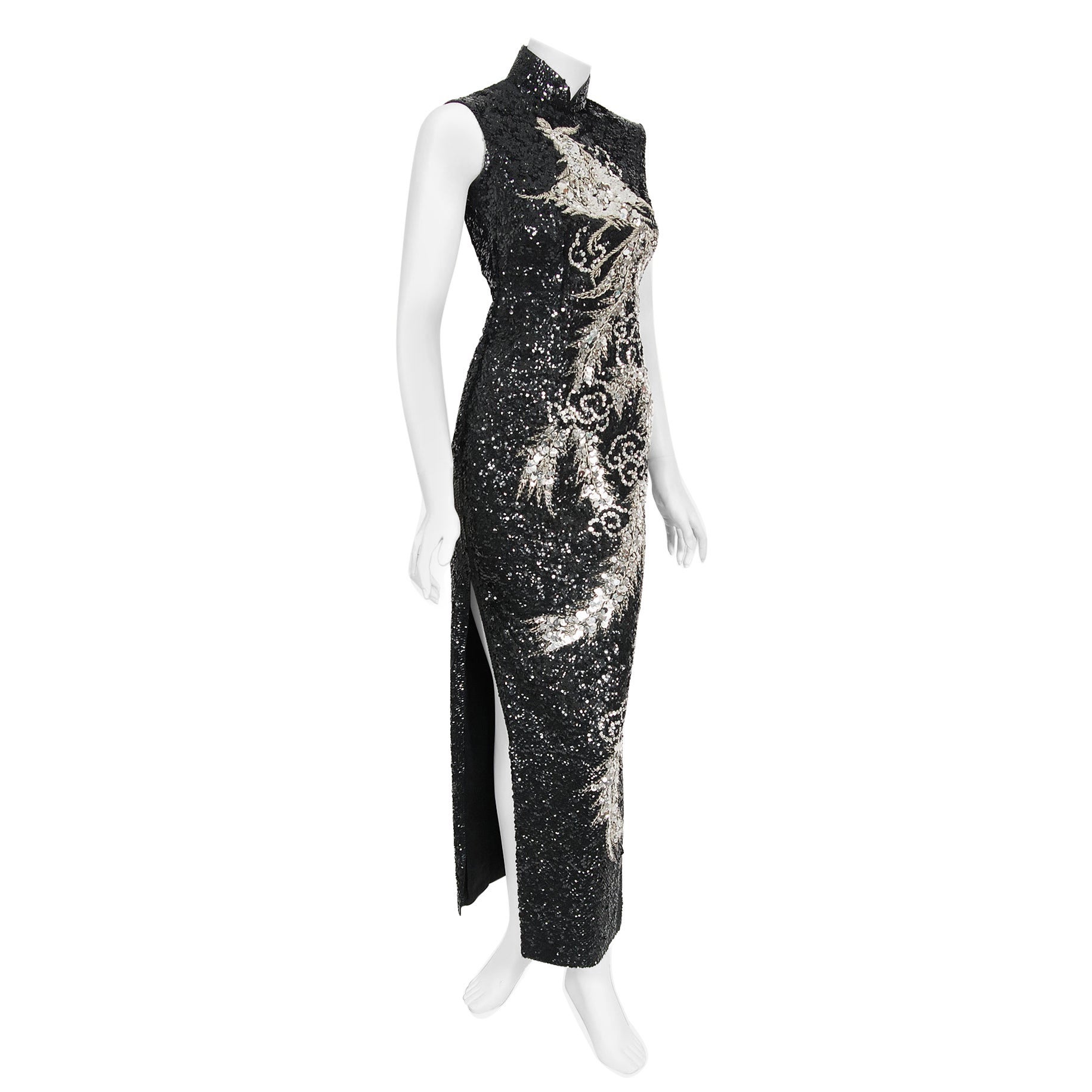 Vintage 1960s Black 
Silver Sequin Beaded Phoenix Bird Hourglass Cheongsam Gown