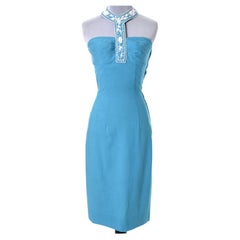 Vintage 1960s Blue Linen Beaded Halter Dress W White Beads & Rhinestones