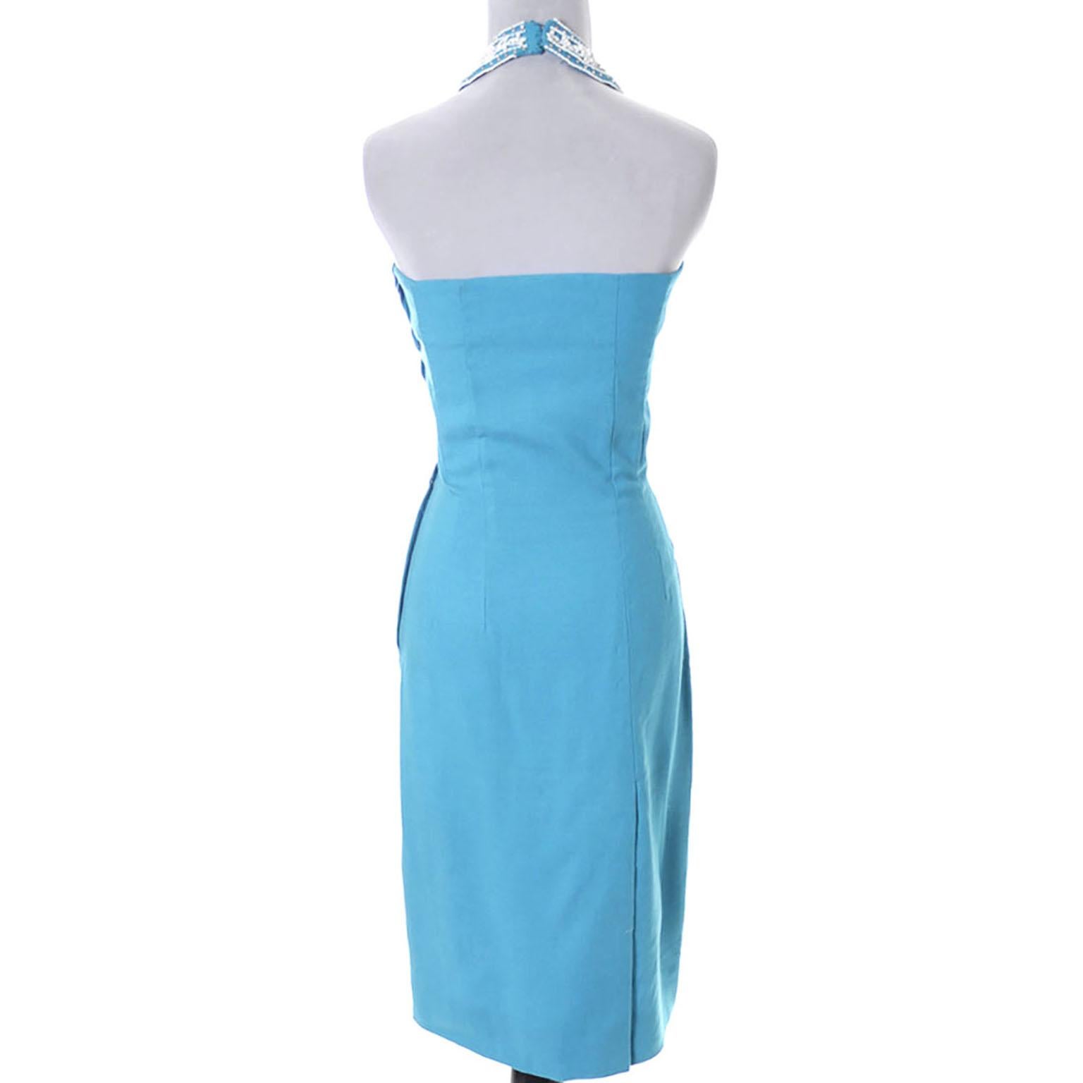 Bleu Vintage 1960s Blue Linen Beaded Halter Dress W White Beads & Rhinestones  en vente