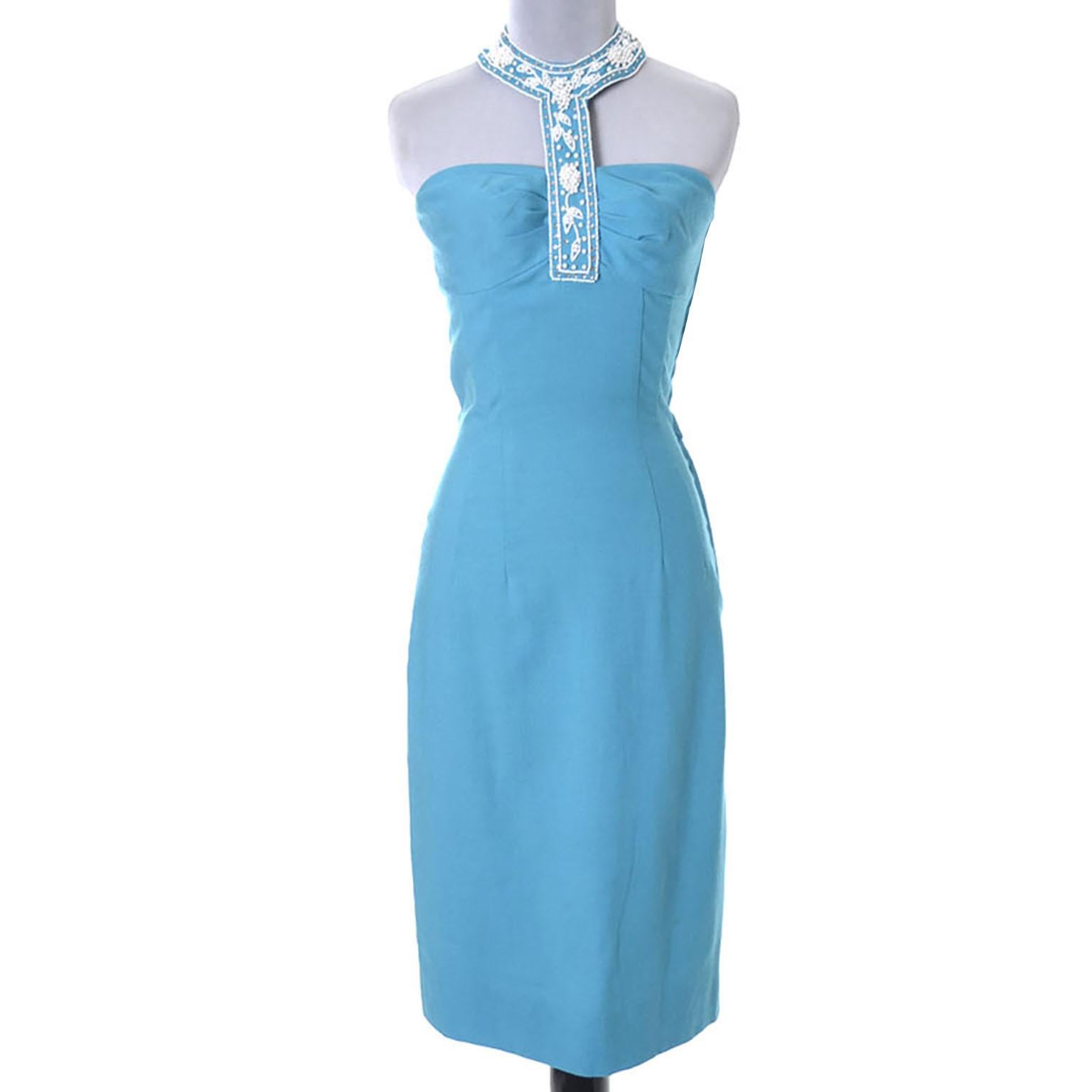 Vintage 1960s Blue Linen Beaded Halter Dress W White Beads & Rhinestones  In Excellent Condition For Sale In Portland, OR