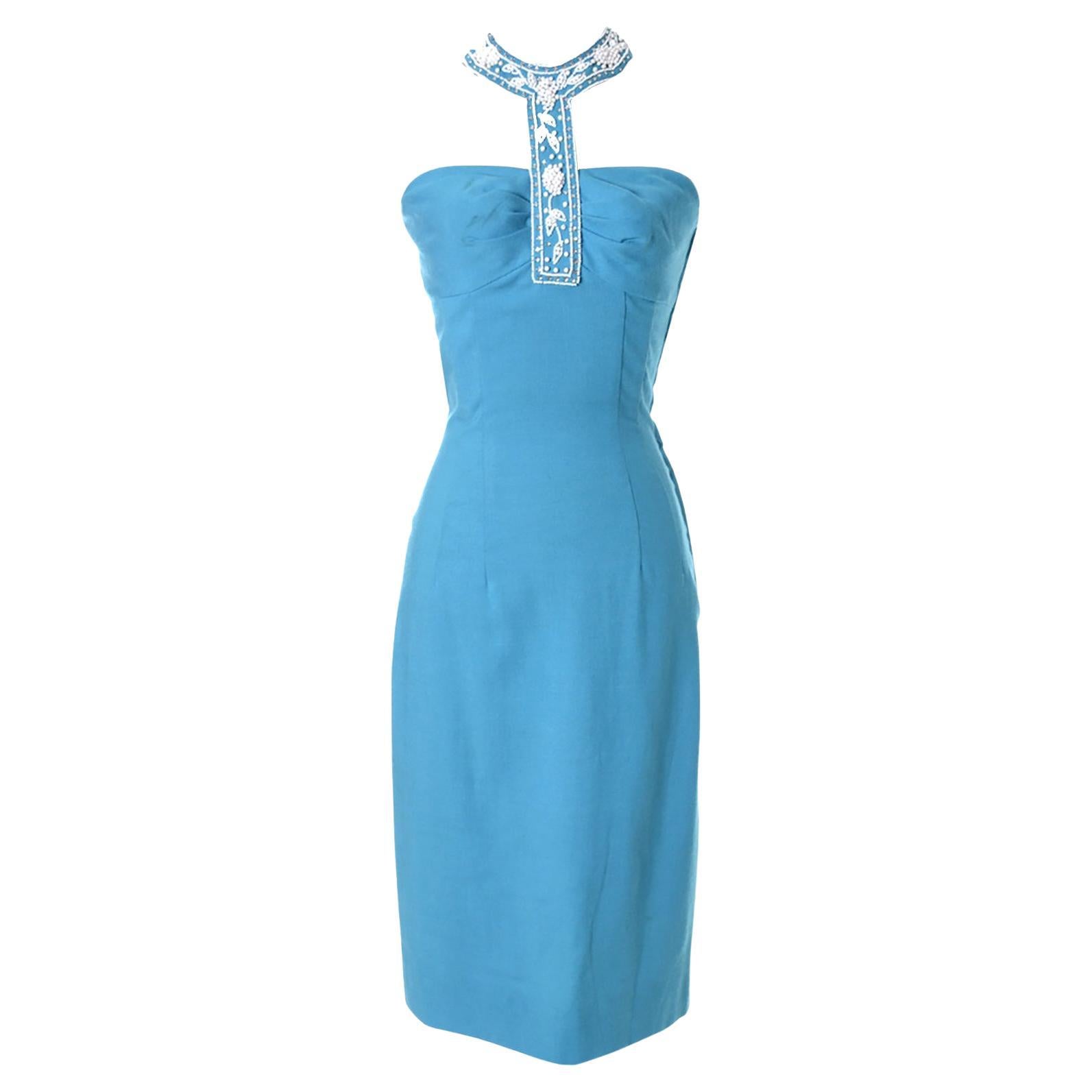 Vintage 1960s Blue Linen Beaded Halter Dress W White Beads & Rhinestones 