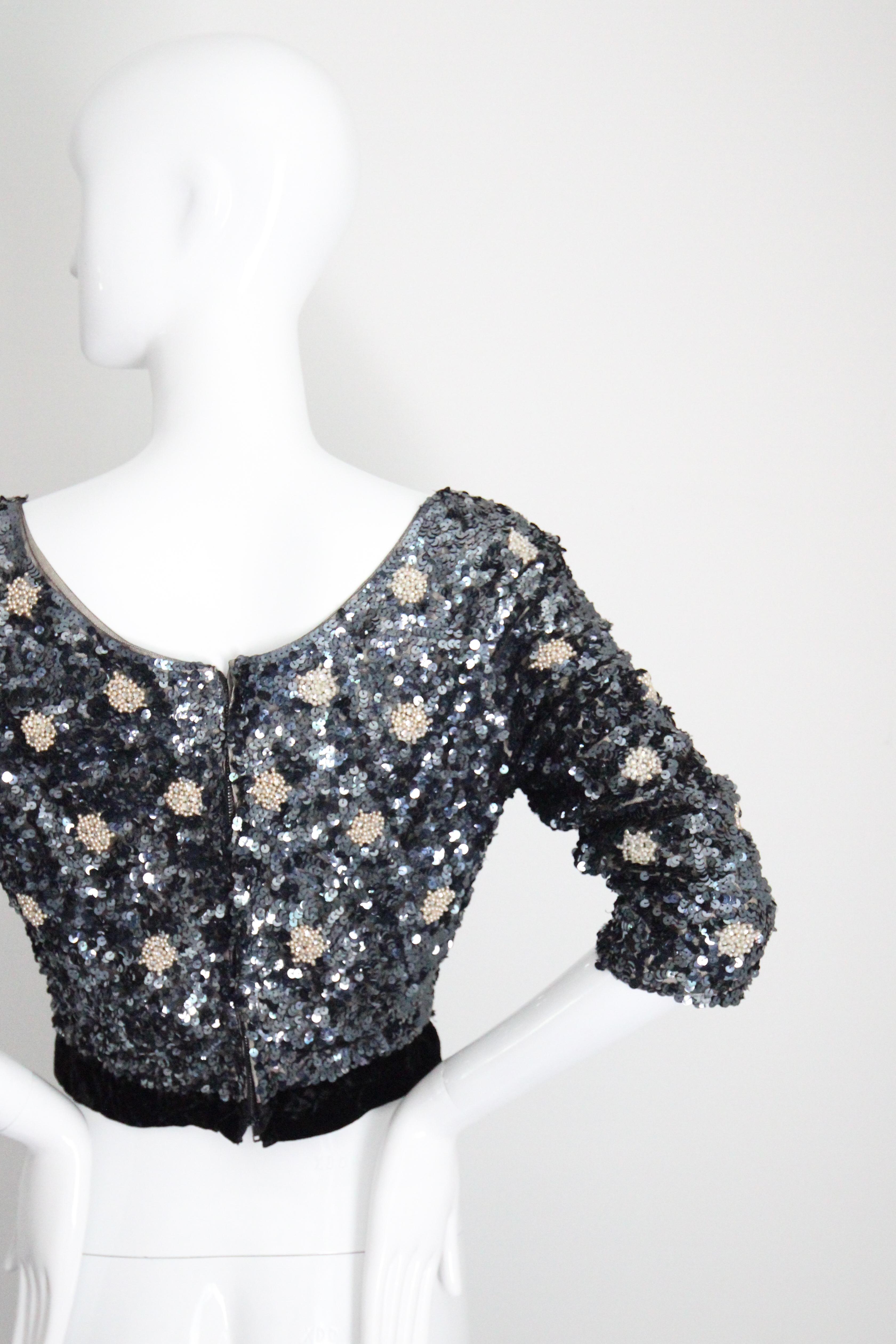 Vintage 1960's Blue Sequin & Pearl Blouse Crushed Velvet Sequin Top UK 8 UK 10 For Sale 5