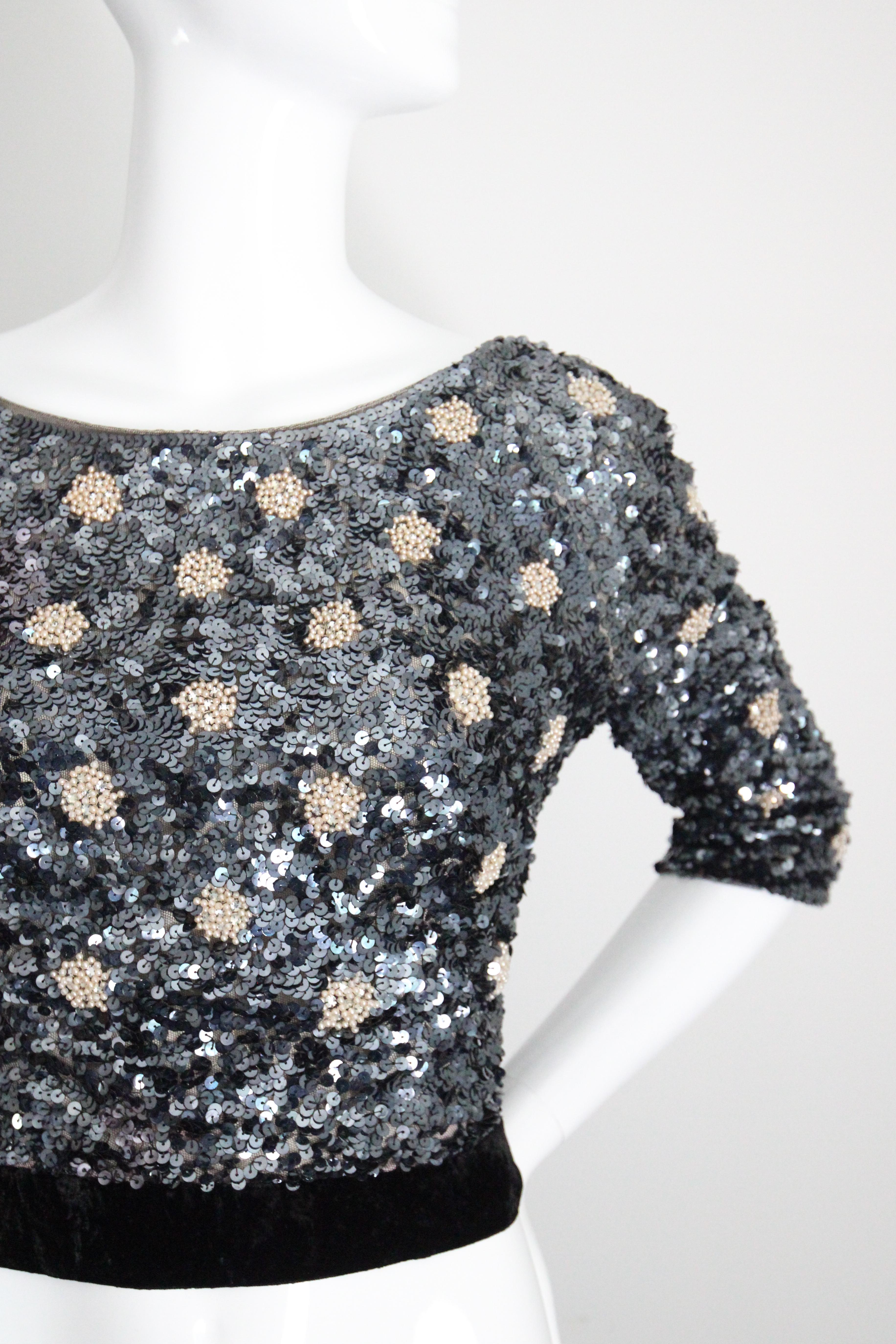 Gray Vintage 1960's Blue Sequin & Pearl Blouse Crushed Velvet Sequin Top UK 8 UK 10 For Sale