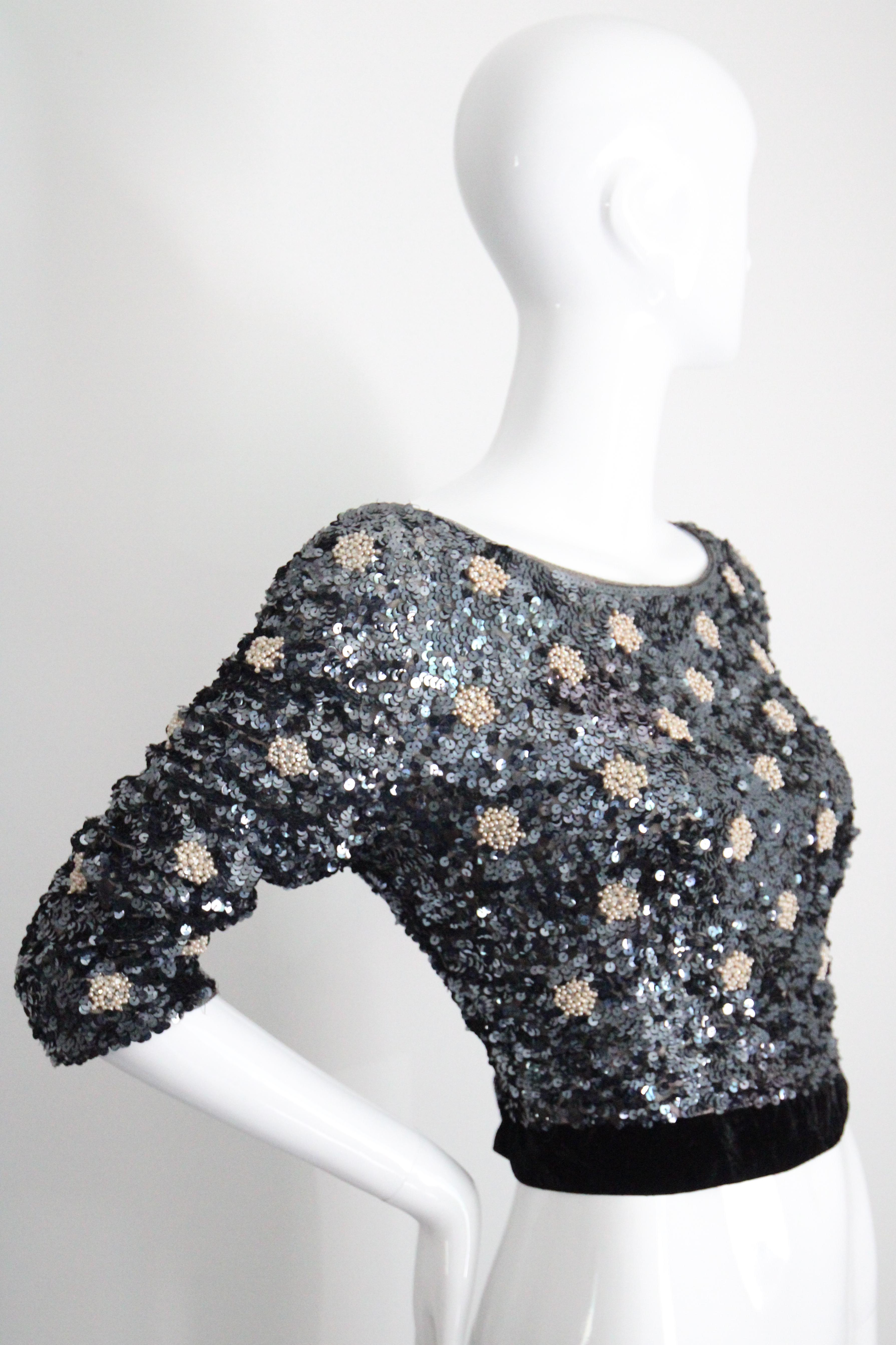 Women's or Men's Vintage 1960's Blue Sequin & Pearl Blouse Crushed Velvet Sequin Top UK 8 UK 10 For Sale