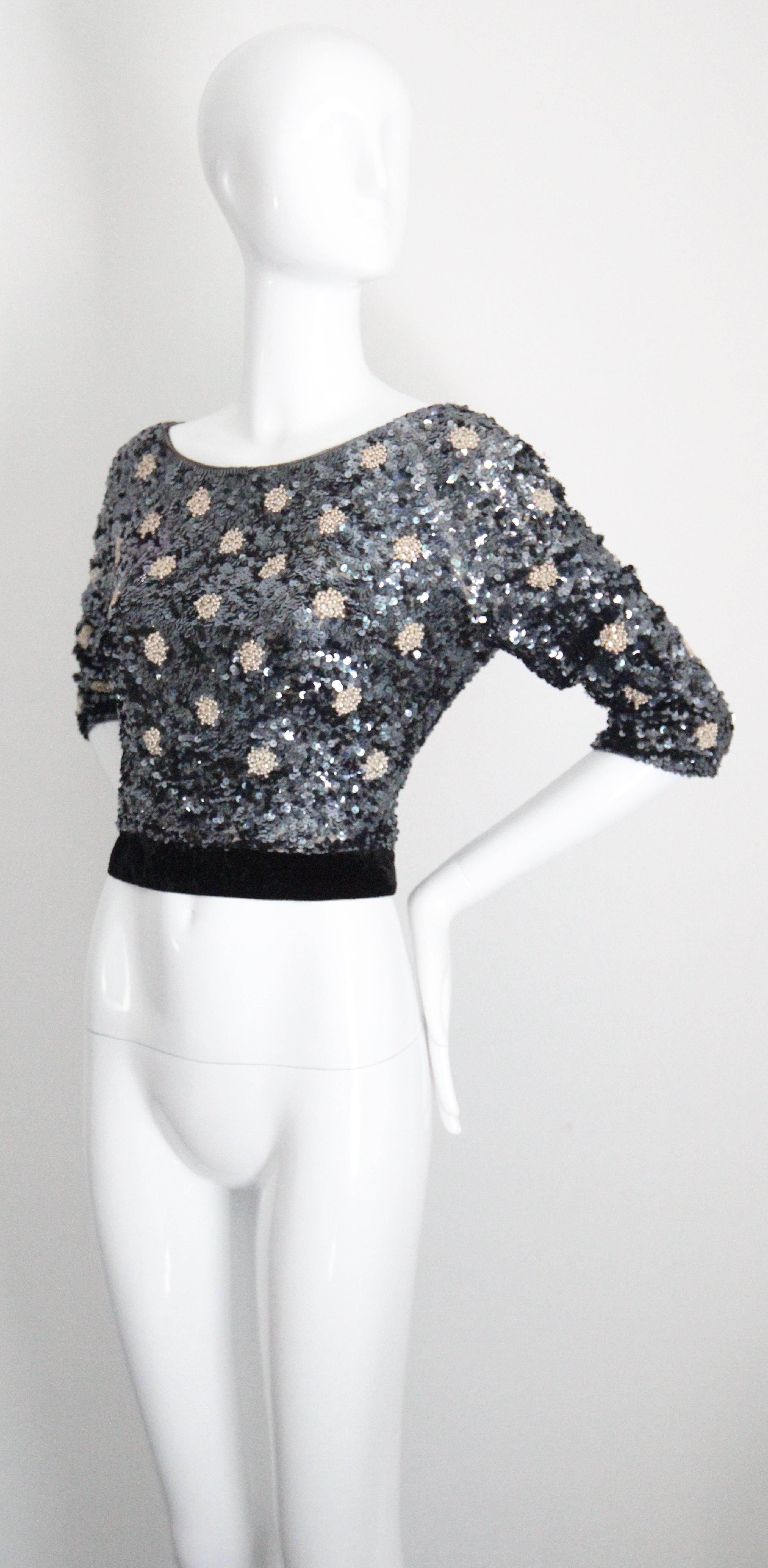 Vintage 1960's Blue Sequin & Pearl Blouse Crushed Velvet Sequin Top UK 8 UK 10 For Sale 2