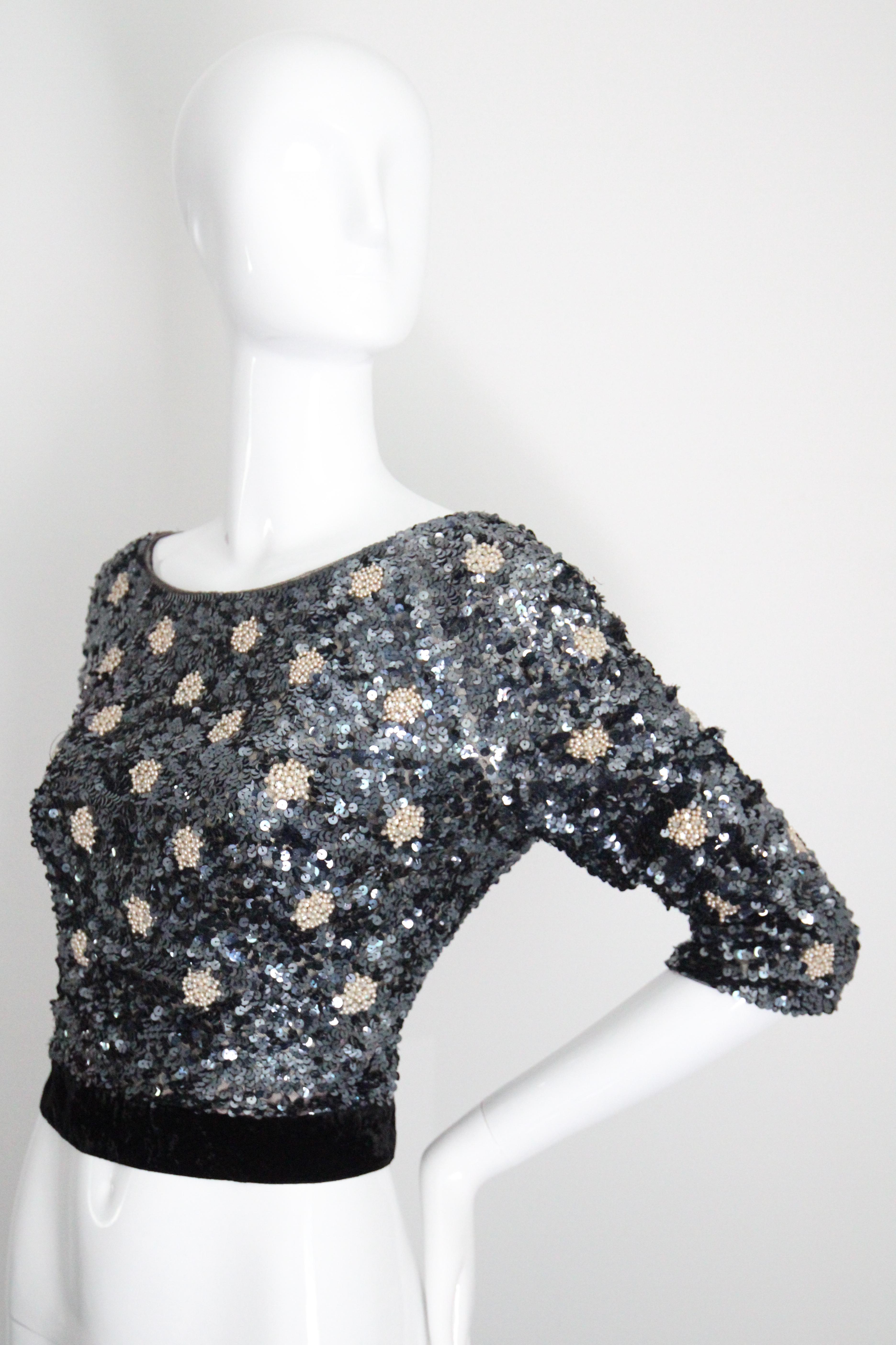 Vintage 1960's Blue Sequin & Pearl Blouse Crushed Velvet Sequin Top UK 8 UK 10 For Sale 3