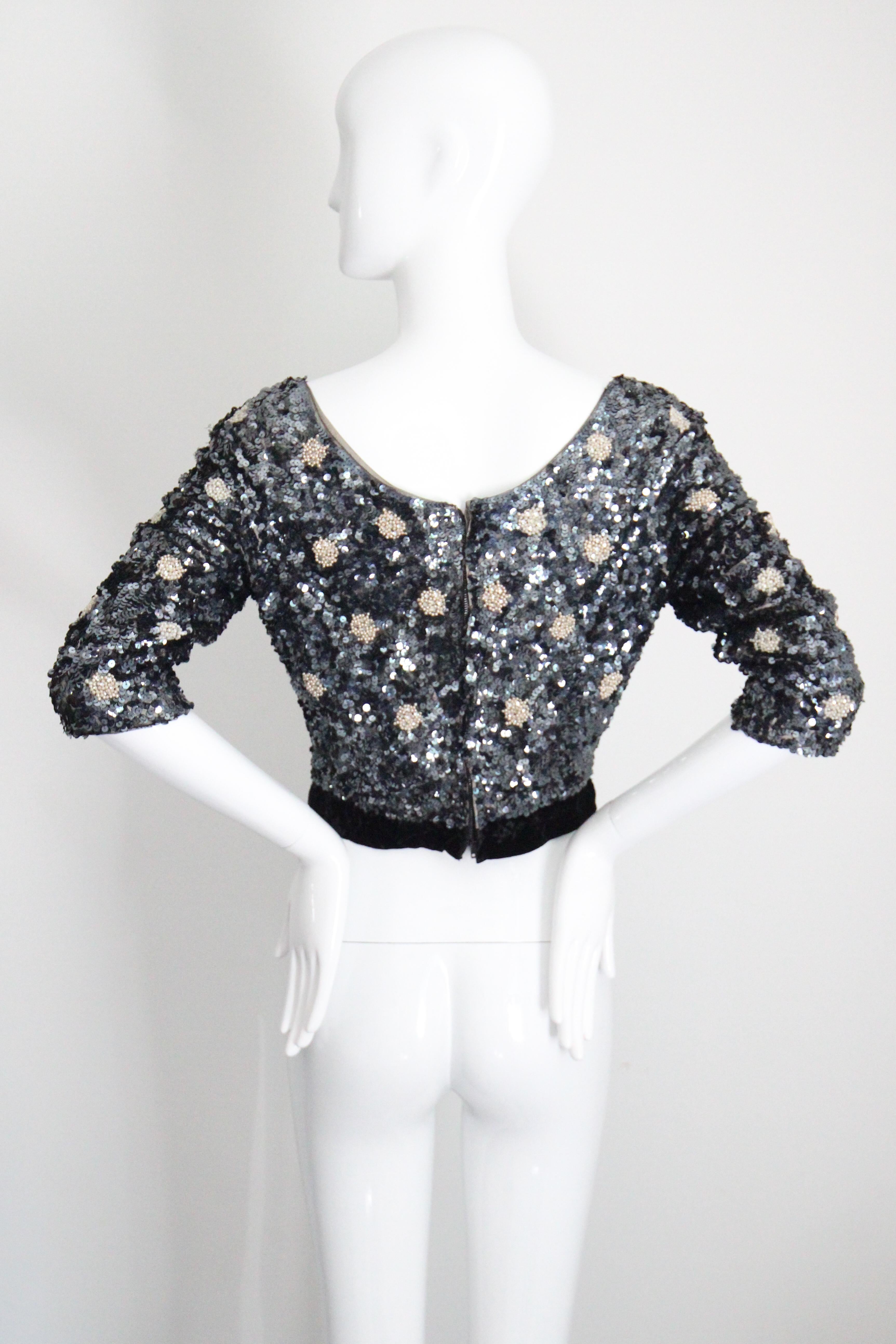 Vintage 1960's Blue Sequin & Pearl Blouse Crushed Velvet Sequin Top UK 8 UK 10 For Sale 4