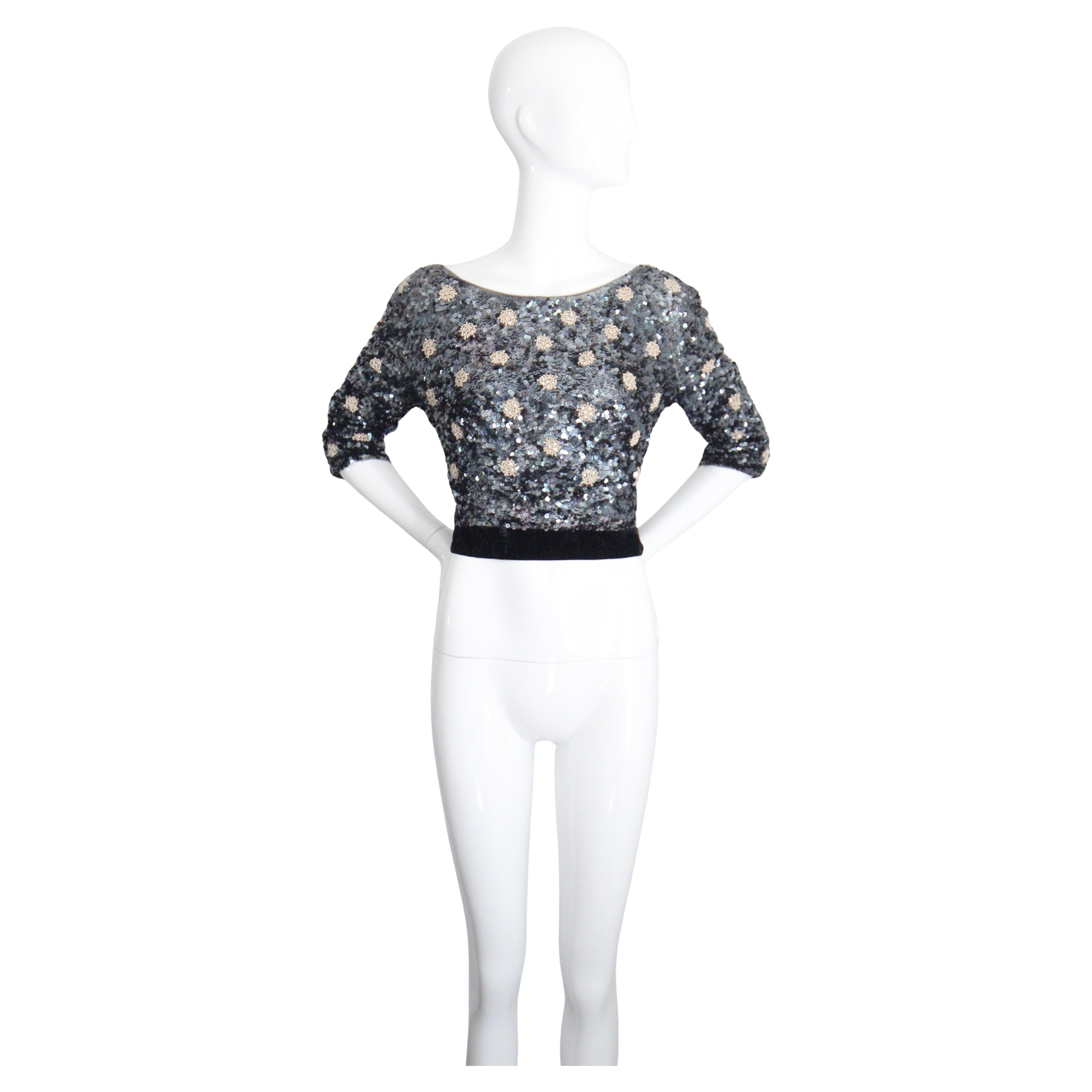 Vintage 1960's Blue Sequin & Pearl Blouse Crushed Velvet Sequin Top UK 8 UK 10 For Sale