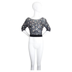 Blaue Vintage 1960er Jahre Pailletten & Perlen Bluse Crushed Samt Pailletten Top UK 8 UK 10