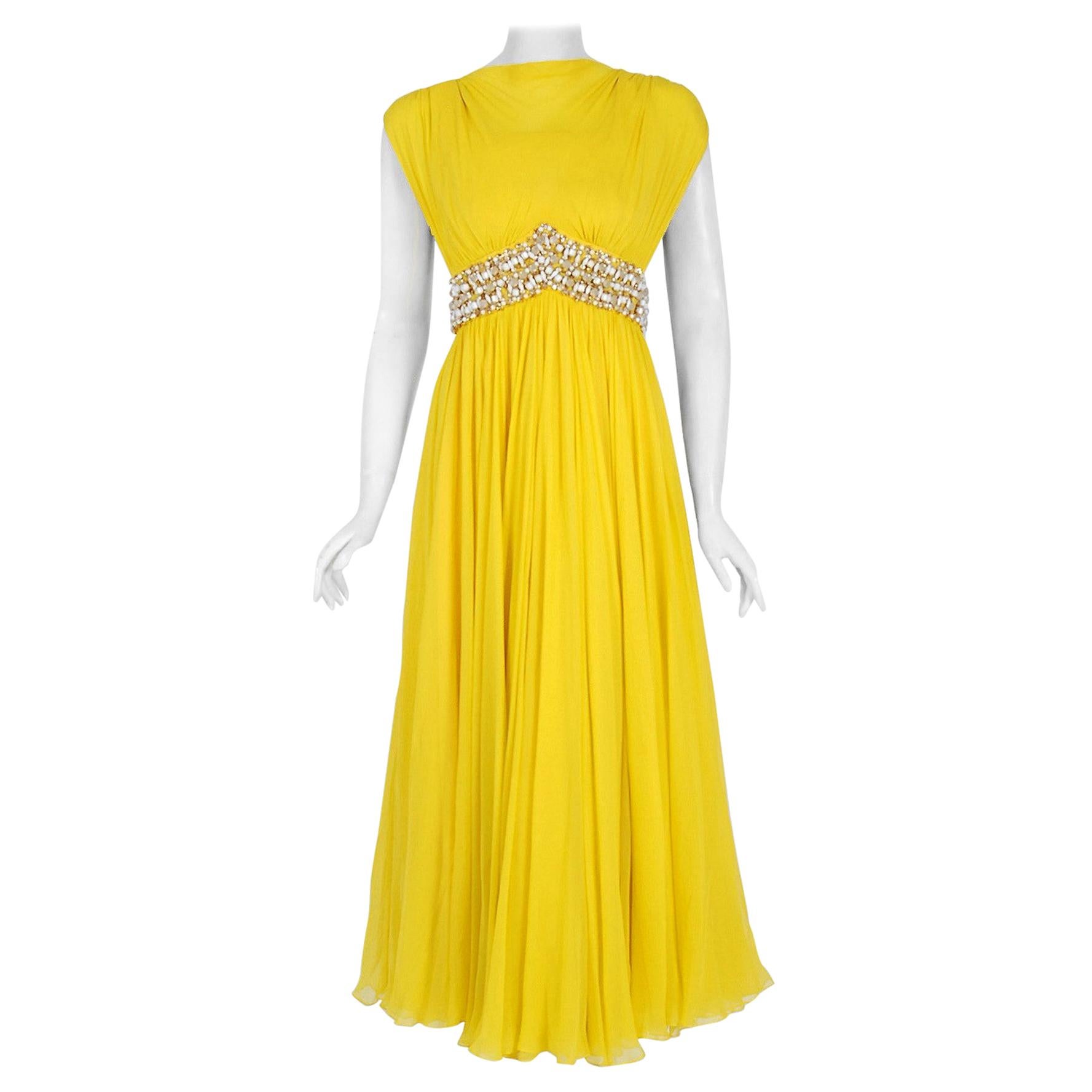 yves saint laurent evening dress of bright pink and lemon yellow silk crepe