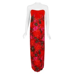 Vintage 1960's Bob Bugnand Red & Orange Floral Flocked Satin Strapless Gown
