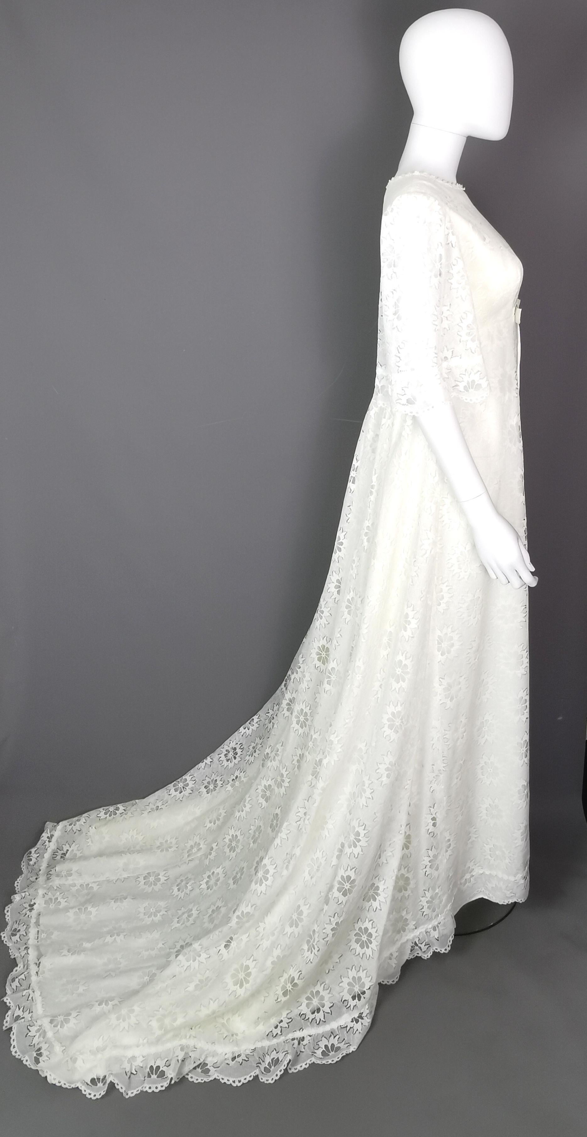 Vintage 1960s Boho lace wedding dress, floral, train  4