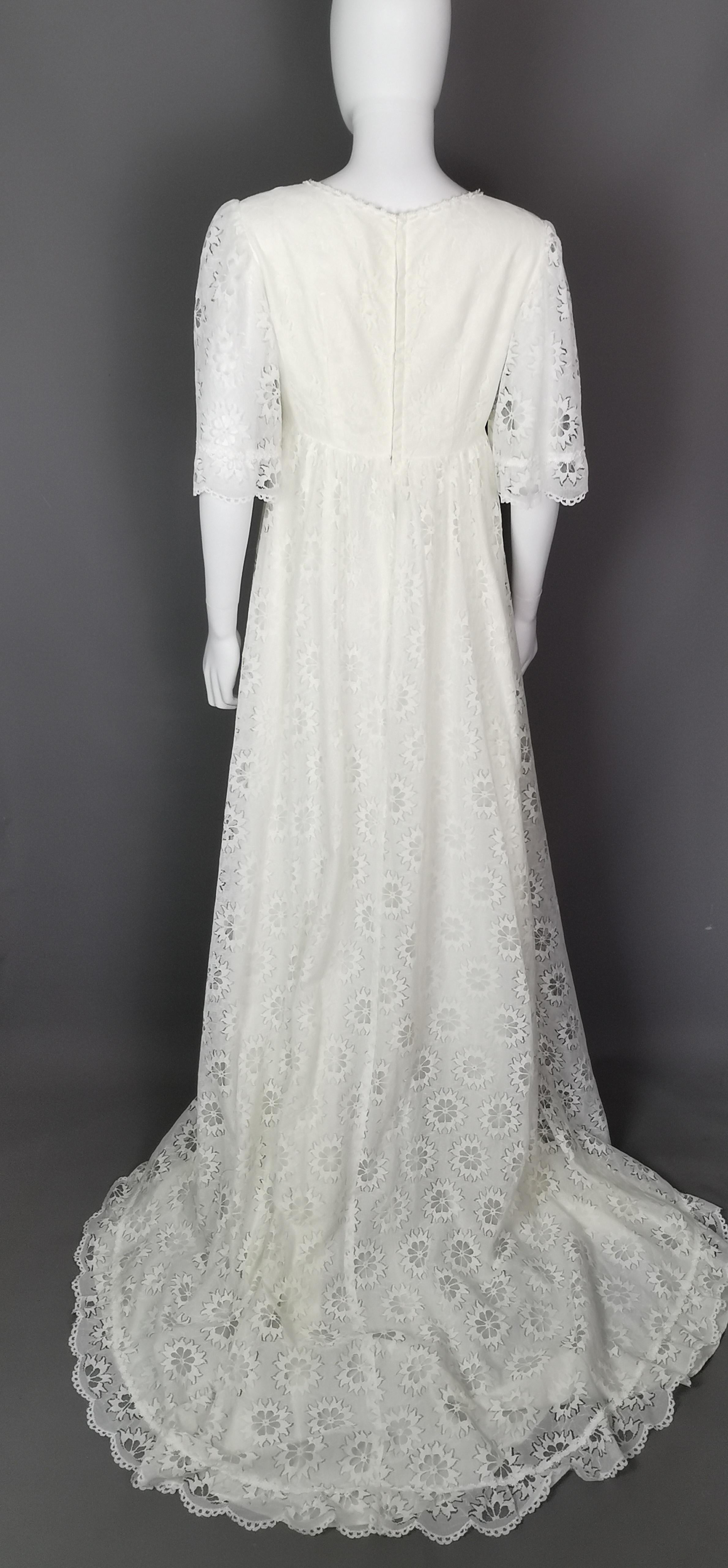 Vintage 1960s Boho lace wedding dress, floral, train  5