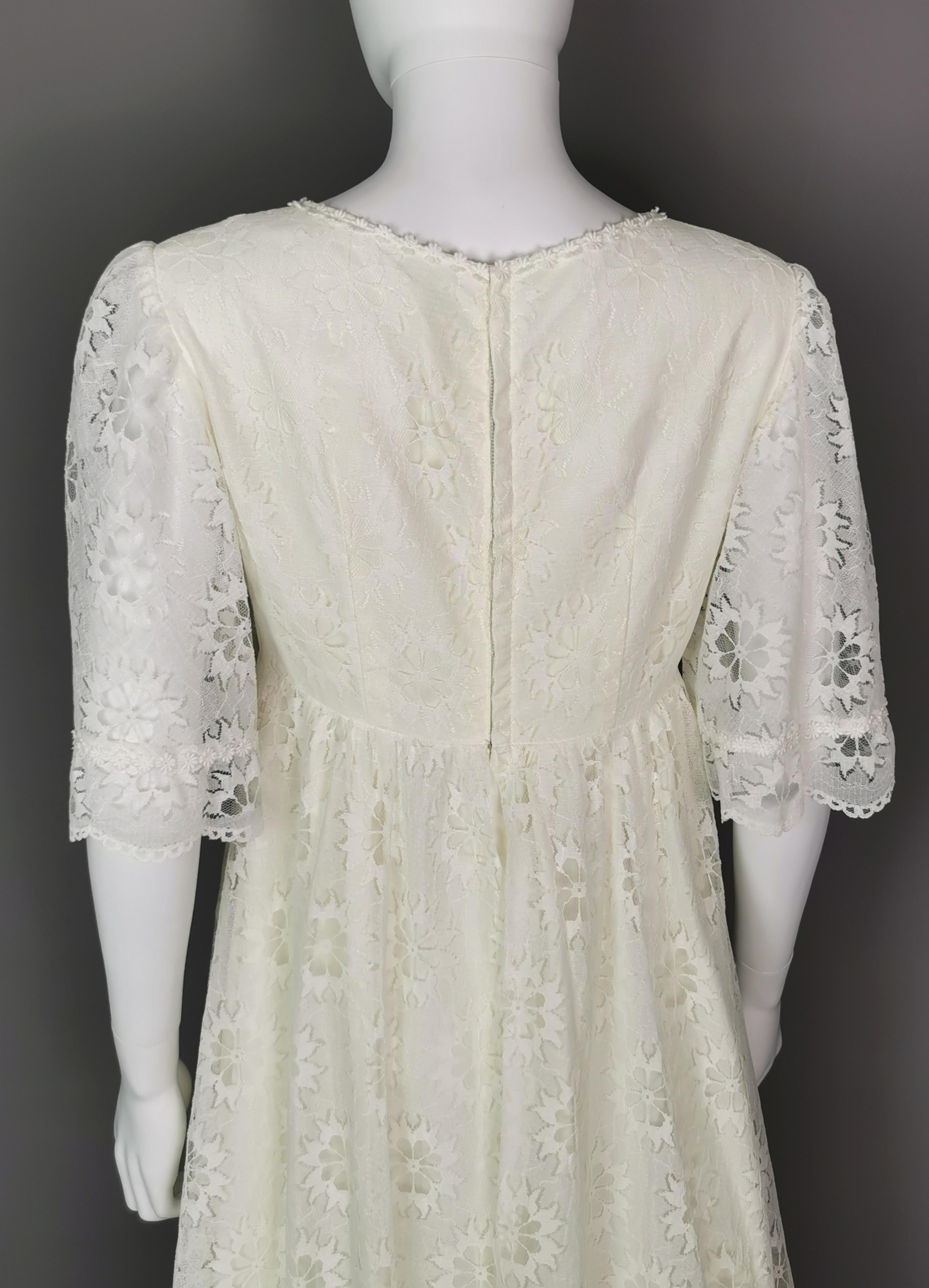 Vintage 1960s Boho lace wedding dress, floral, train  6