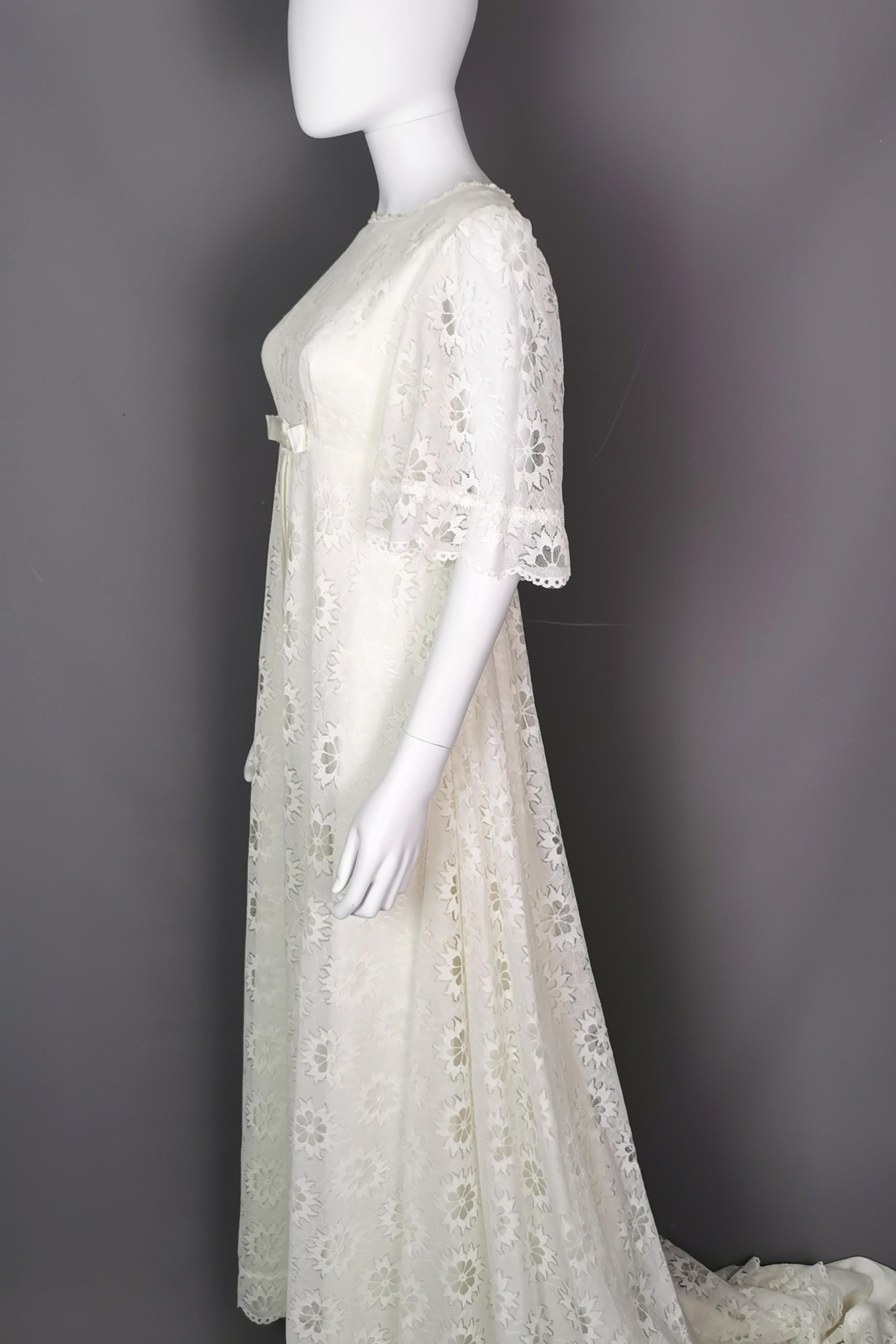 Vintage 1960s Boho lace wedding dress, floral, train  7