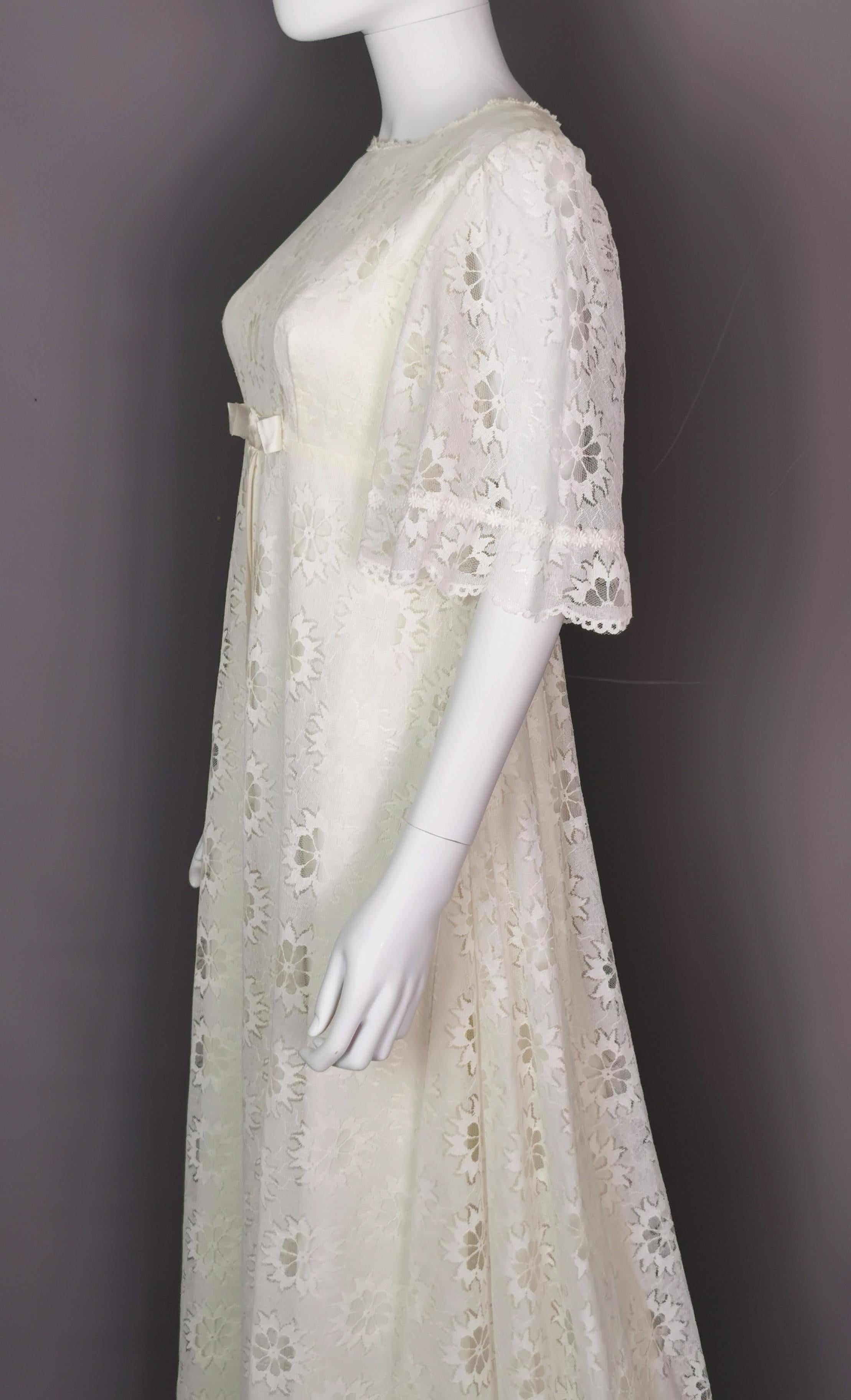 Vintage 1960s Boho lace wedding dress, floral, train  8