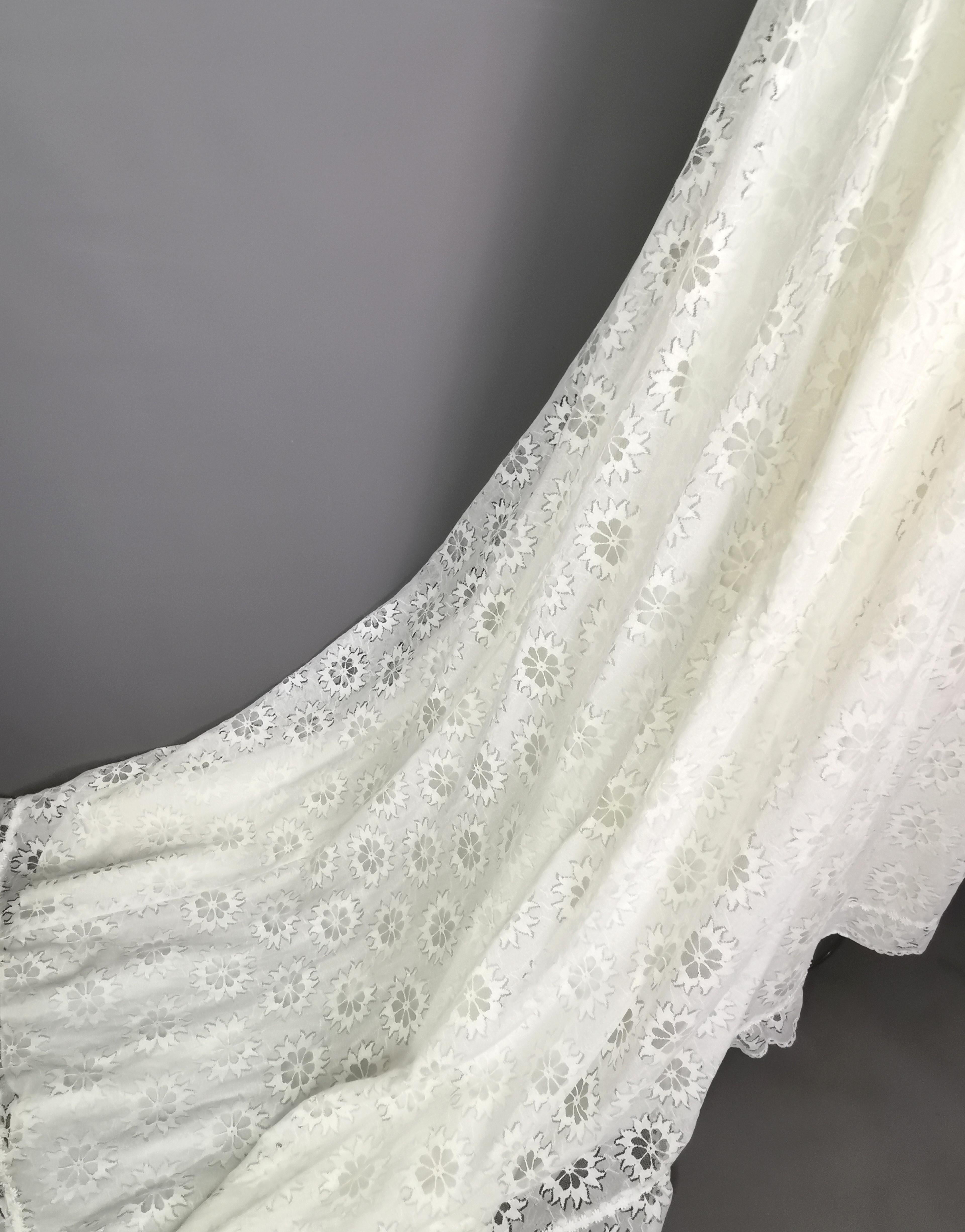 Gray Vintage 1960s Boho lace wedding dress, floral, train 