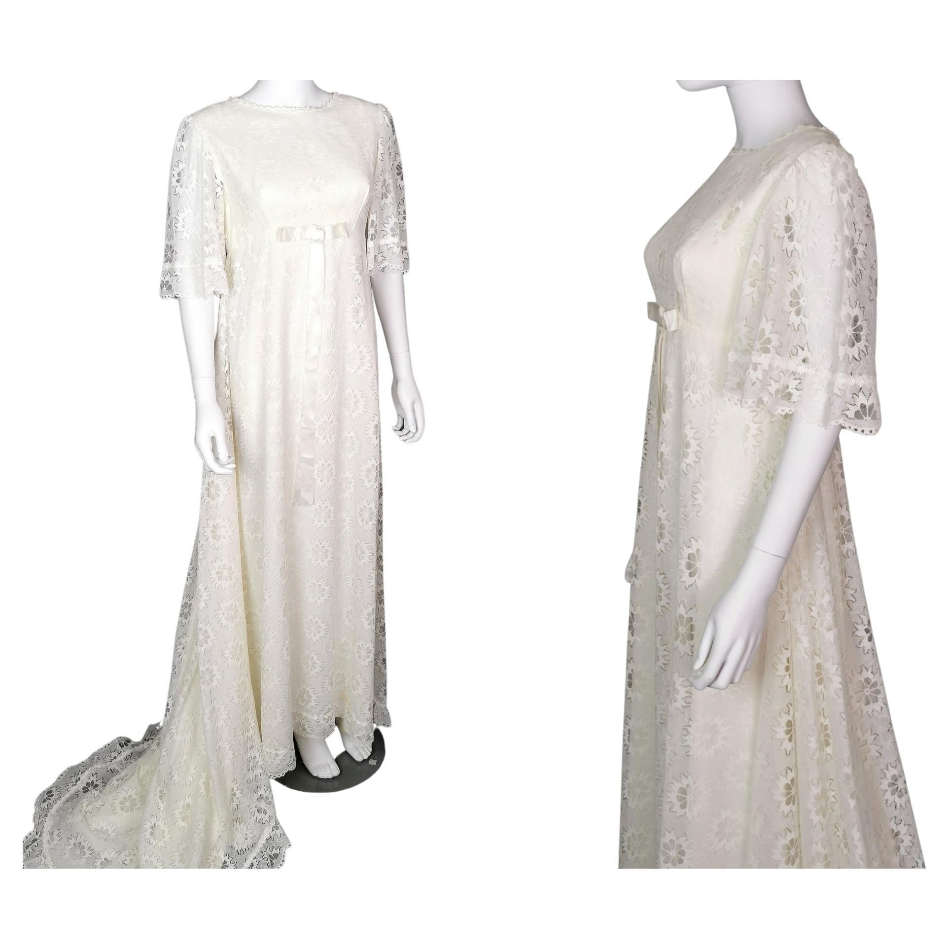 Vintage 1960s Boho lace wedding dress, floral, train 