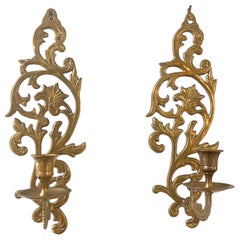 Vintage 1960s Brass Scroll Motif Candlestick Sconces - a Pair