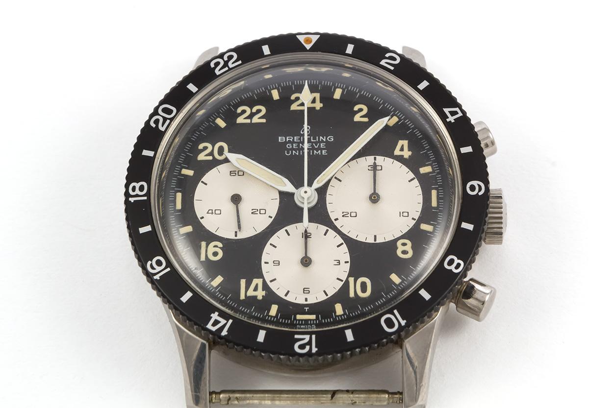 Vintage 1960s Breitling Unitime 1765 Stainless Steel Mechanical Chronograph In Excellent Condition In Tustin, CA