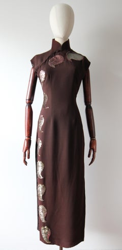 Vintage 1960's Brown Silk Paisley Sequin Cheongsam Dress Side Slit UK 6 US 2