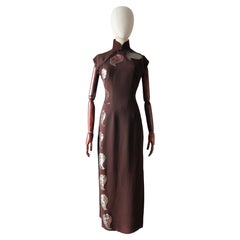 Vintage 1960's Brown Silk Paisley Sequin Cheongsam Dress Side Slit UK 6 US 2