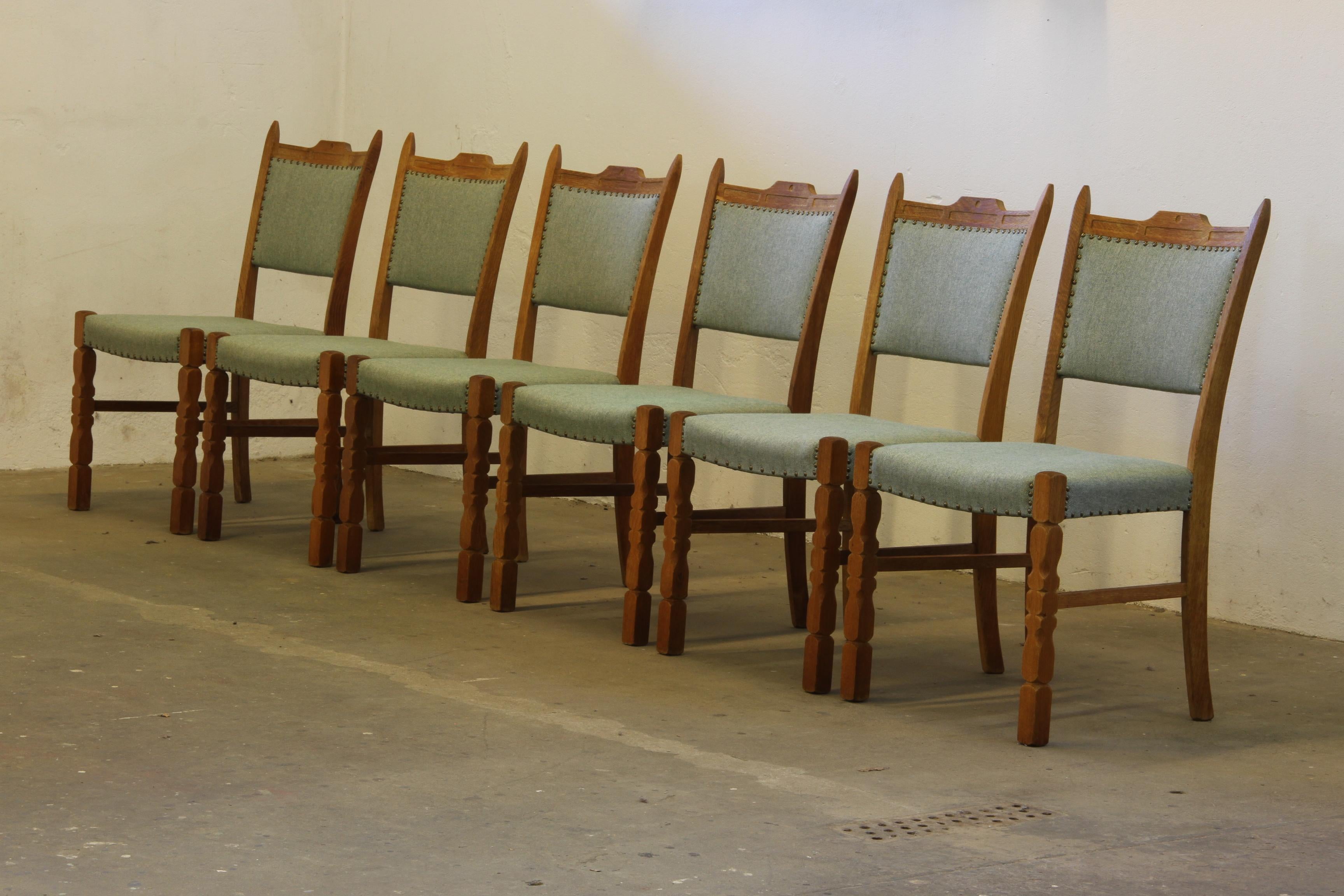 Crafted in Denmark in the 1960s/70s, inspired by Henning Kjærnulf’s Brutalist / Baroque Bold style. Each chair is solid with no damage to the wood/frame and structure.

The wood has developed a beautiful patina, with each chair displaying unique
