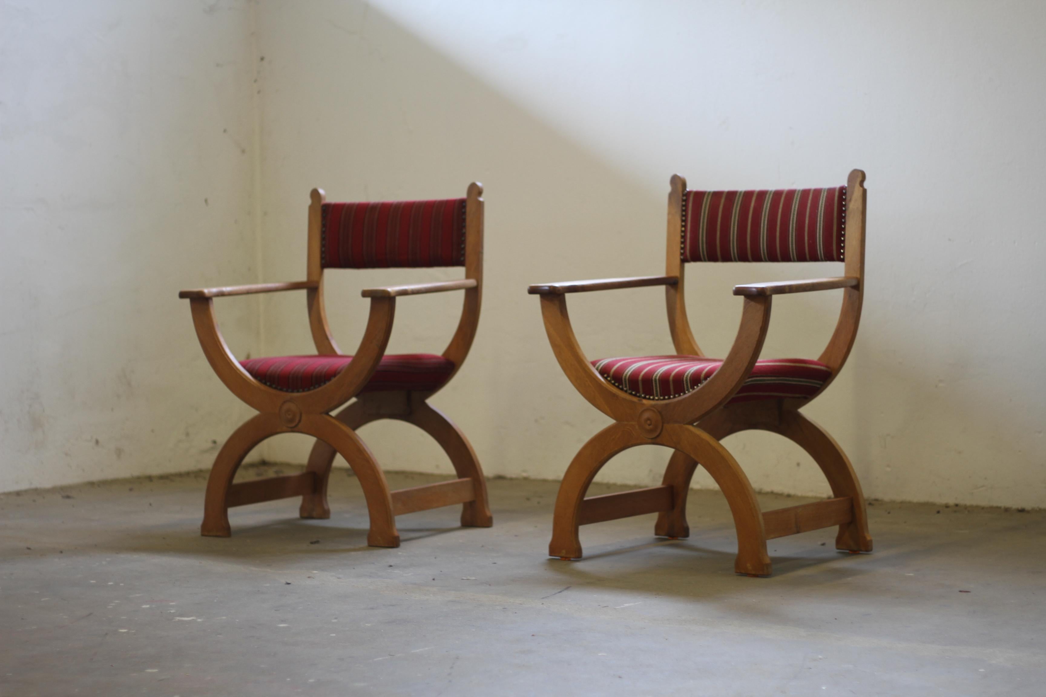 Mid-Century Modern Vintage 1960s Brutalist Kurul ArmChairs in Oak - style of Henning Kjærnulf Denma For Sale