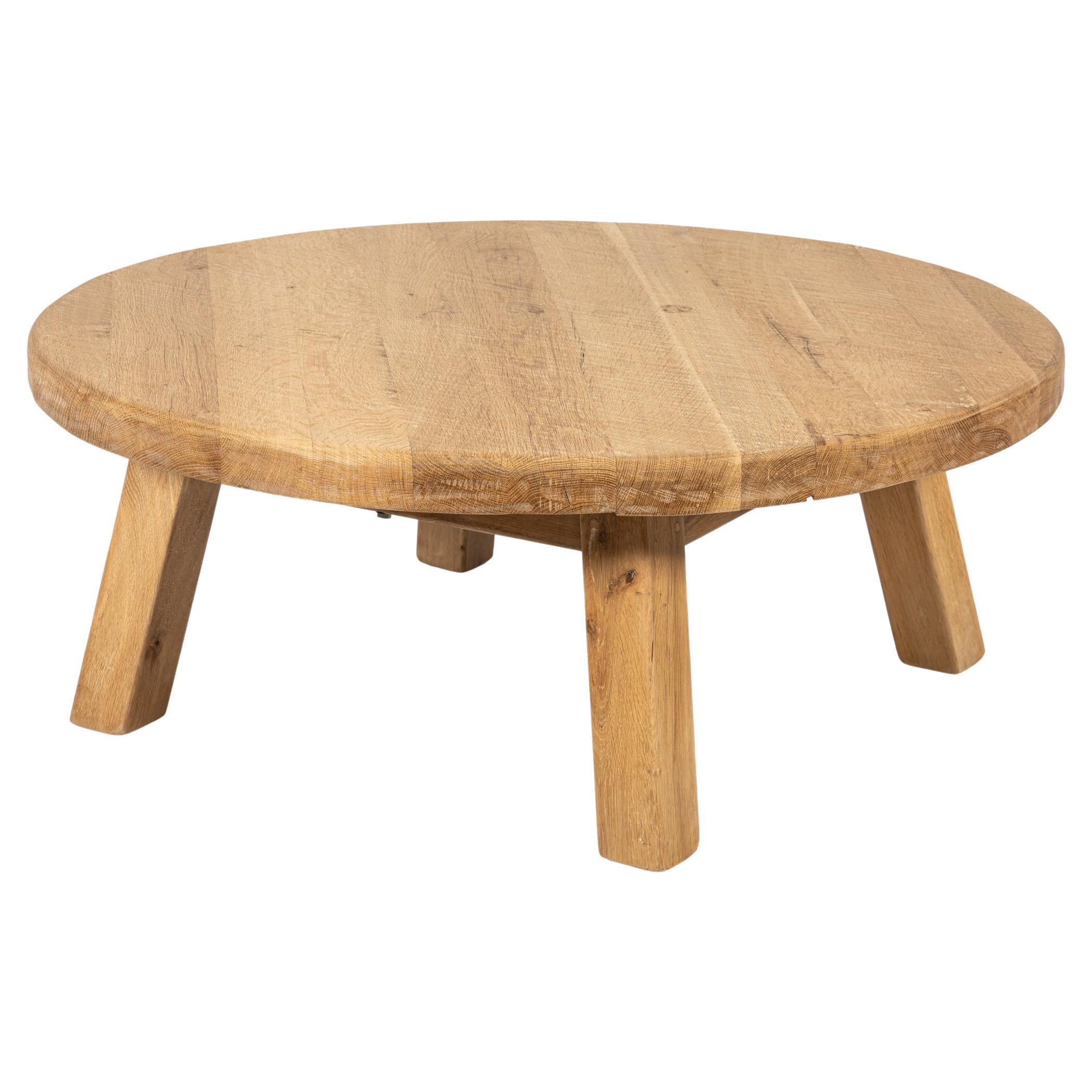Vintage 1960s Brutalist Round Solid Natural Oak Dutch Coffee Table