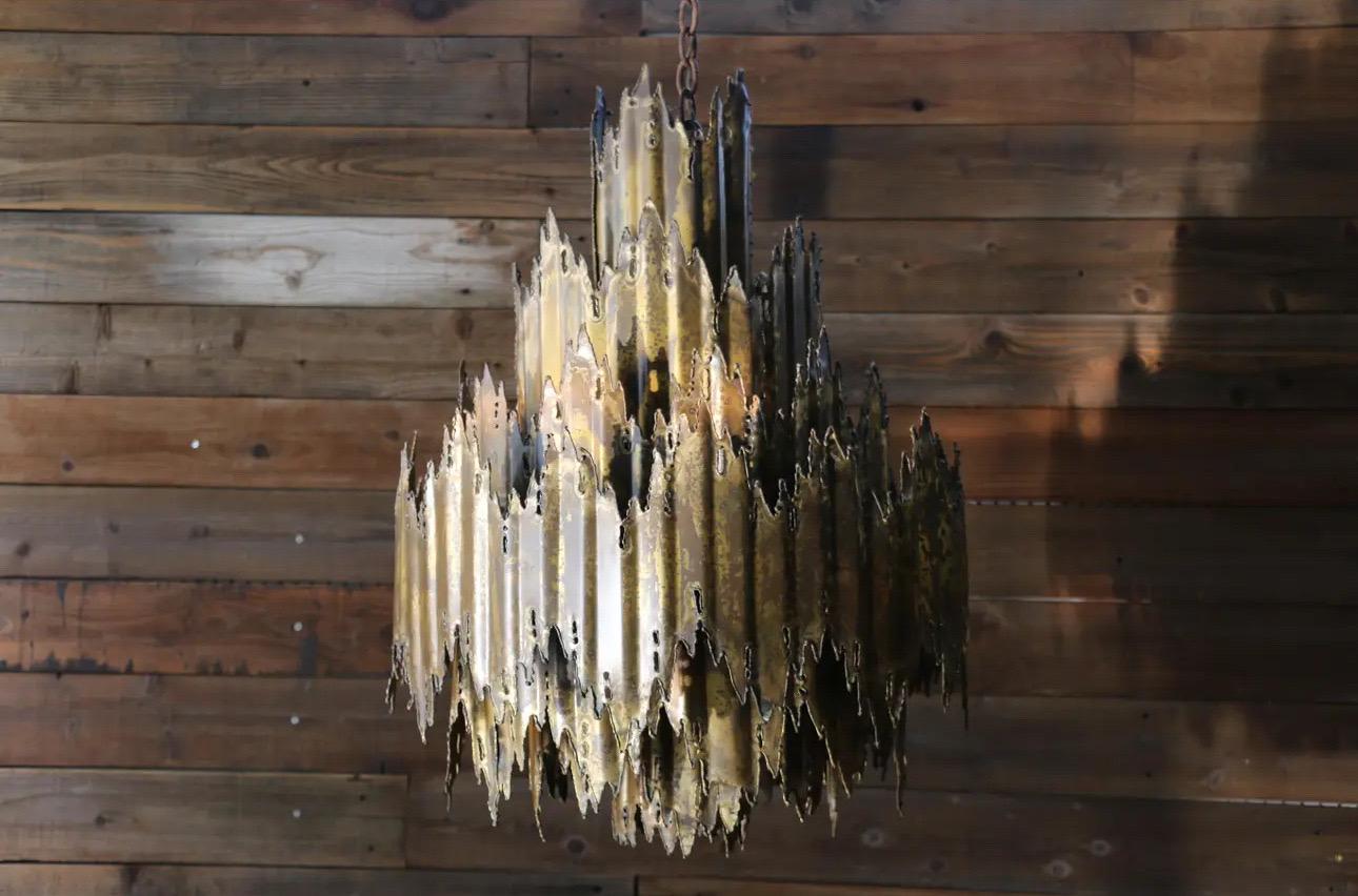 American Vintage 1960s Brutalist Torch-Cut Brass Chandelier by Tom Greene For Sale