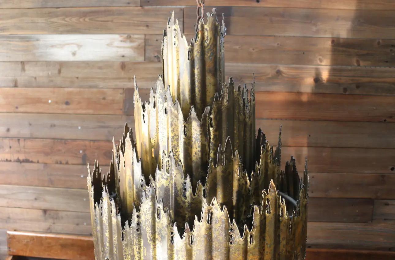 Mid-20th Century Vintage 1960s Brutalist Torch-Cut Brass Chandelier by Tom Greene For Sale