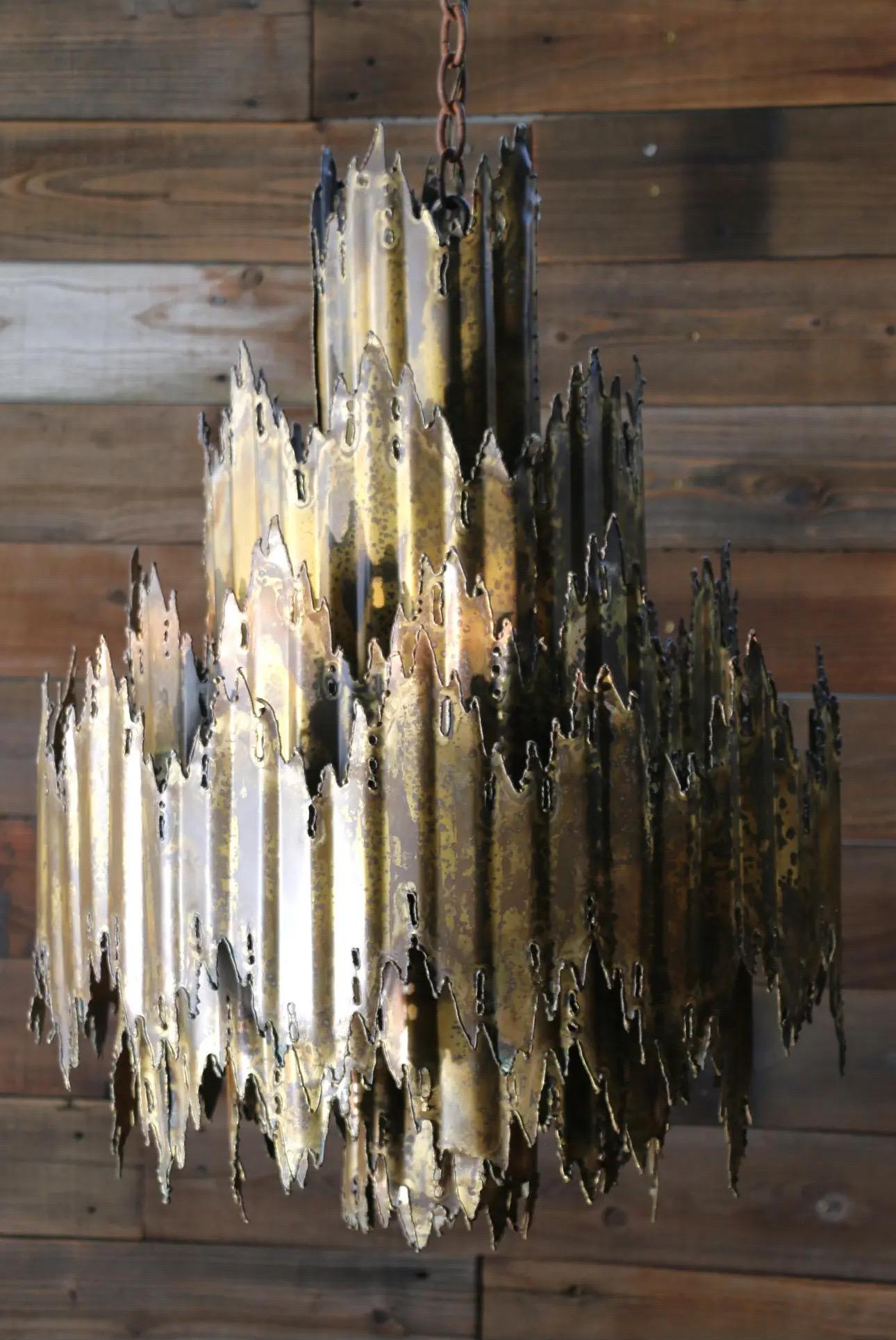 Vintage 1960s Brutalist Torch-Cut Brass Chandelier by Tom Greene For Sale 1