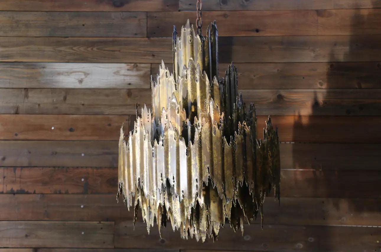 Vintage 1960s Brutalist Torch-Cut Brass Chandelier by Tom Greene For Sale 4