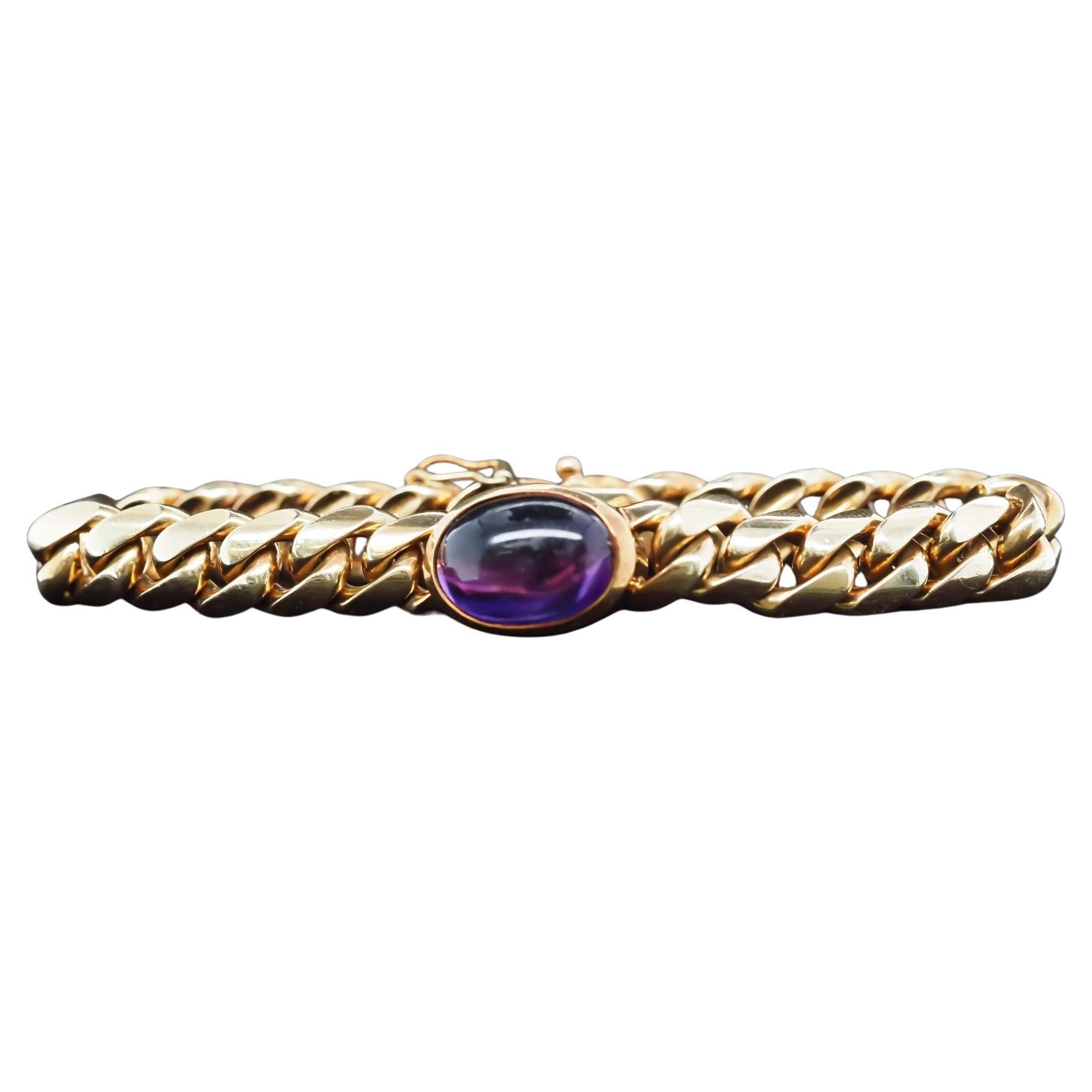 Vintage 1960s Bulgari 18K Yellow Gold Bracelet with Cabochon Amethyst For Sale