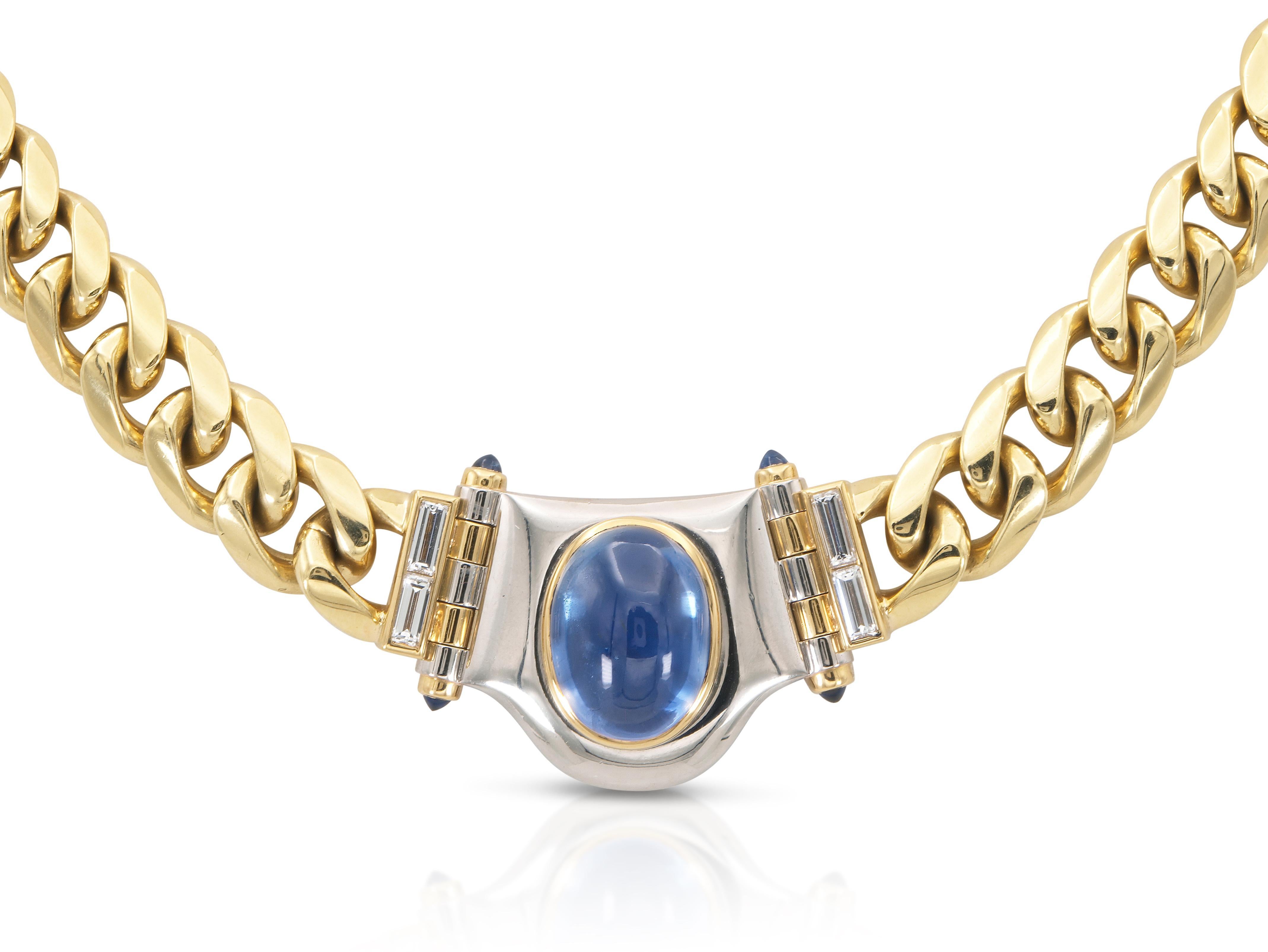 Finely crafted in 18k yellow gold and platinum with a Cabochon Sapphire weighing approximately 12.00 carats, four small Cabochon Sapphires, and four Baguette cut Diamonds weighing approximately a total of 0.80 carat.
Signed by Bvlgari
Circa 1960s
17