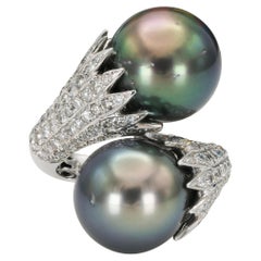 Vintage 1960s Bypass Tahitian Pearls and Diamonds Ring