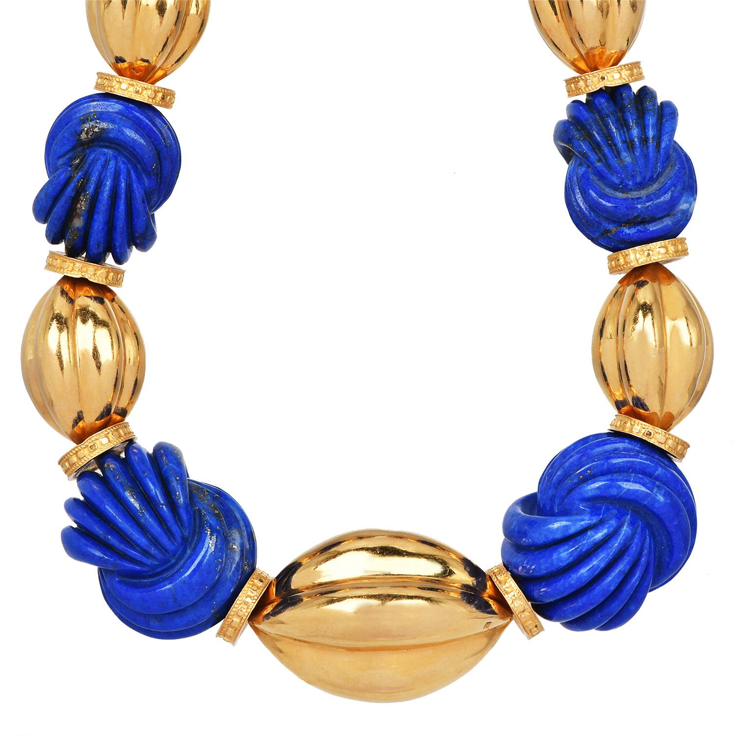 Retro Vintage 1960s Carved Lapis Lazuli 18K Yellow Gold Large Choker Necklace For Sale