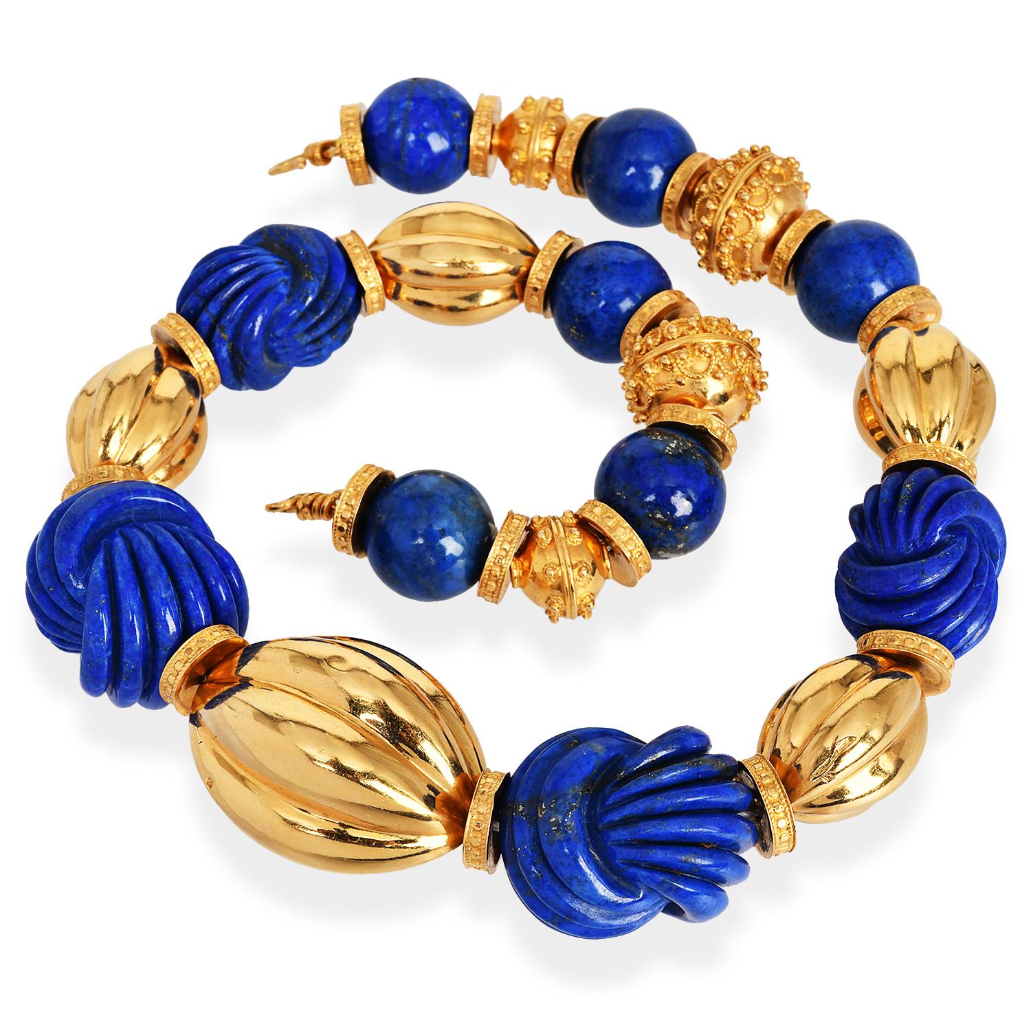 Bead Vintage 1960s Carved Lapis Lazuli 18K Yellow Gold Large Choker Necklace For Sale